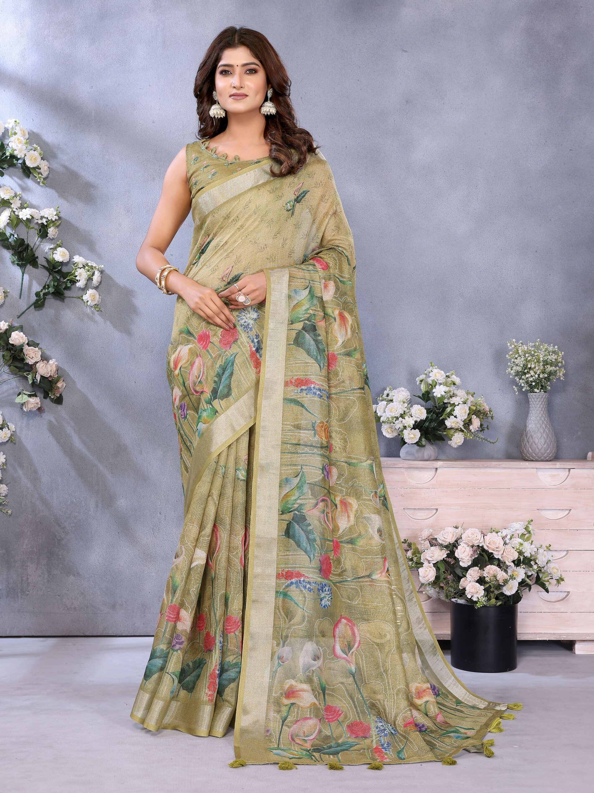 Artistic Olive Green Floral Printed Linen Shimmer Saree with Tassel Accents - Image 4