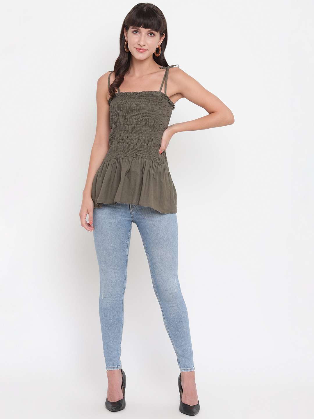 Women's Rayon Solid Casual Summer Style Tie Shoulder Straps Free Size Tank Top (Mahndi) - Image 3