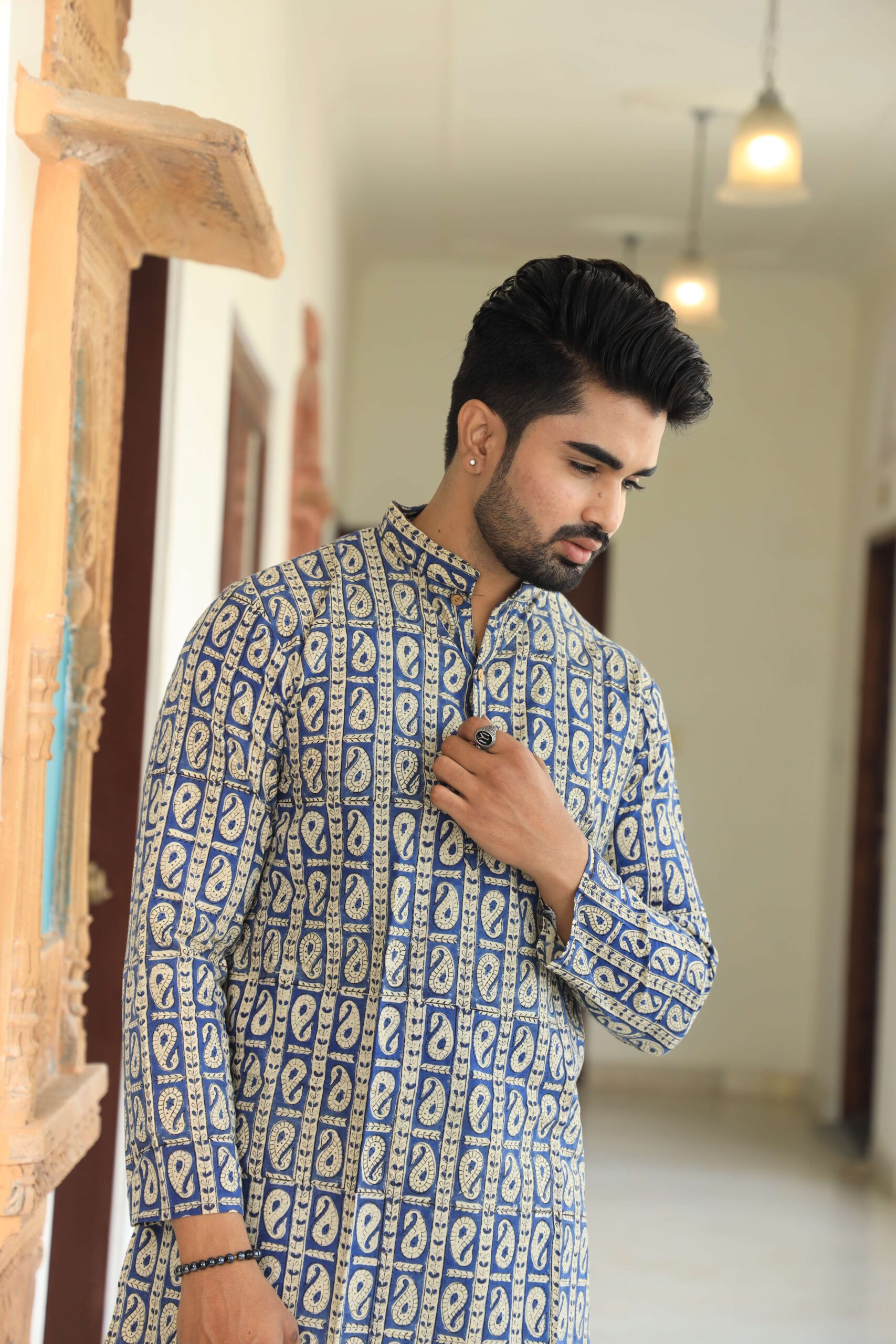 Mens Blue Printed Cotton Kurta with White Pajama ? Traditional Ethnic Wear for Festive & Wedding - Image 4