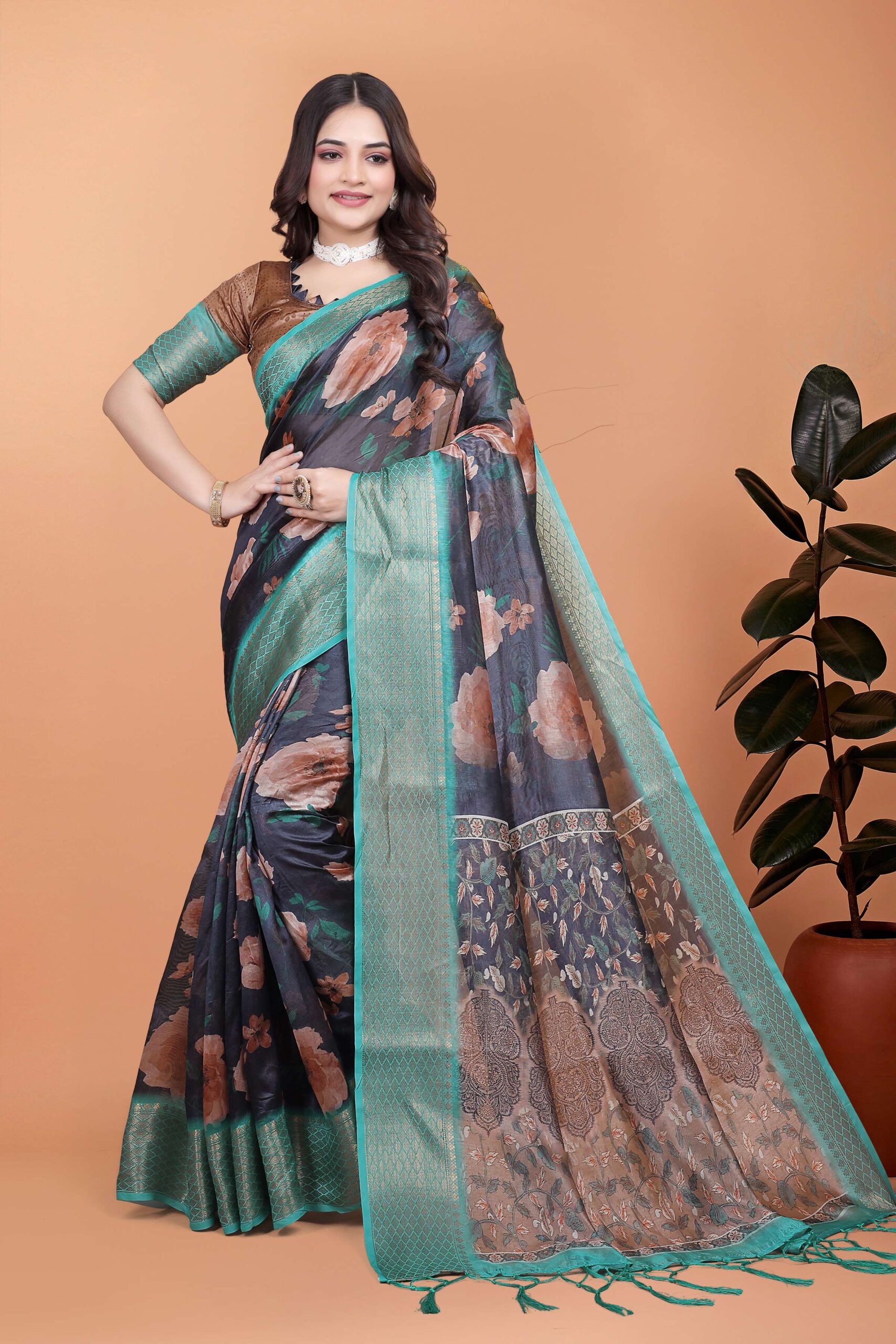 Midnight Blue Soft Silk Saree with Peach Floral Print & Aqua Zari Border - Image 6