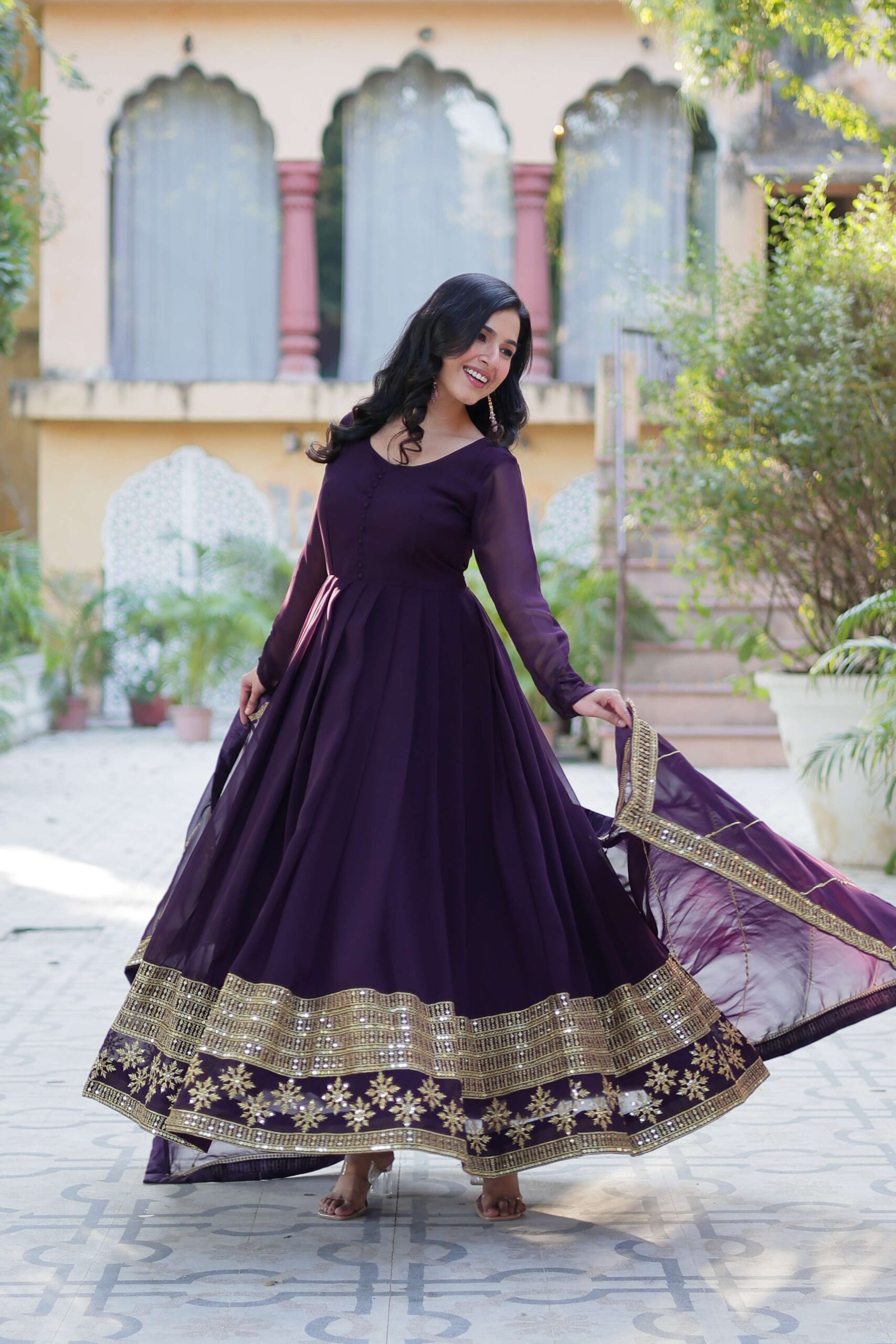 Wine Faux Blooming Gown with Multi-Sequins Embroidered Dupatta - Image 5