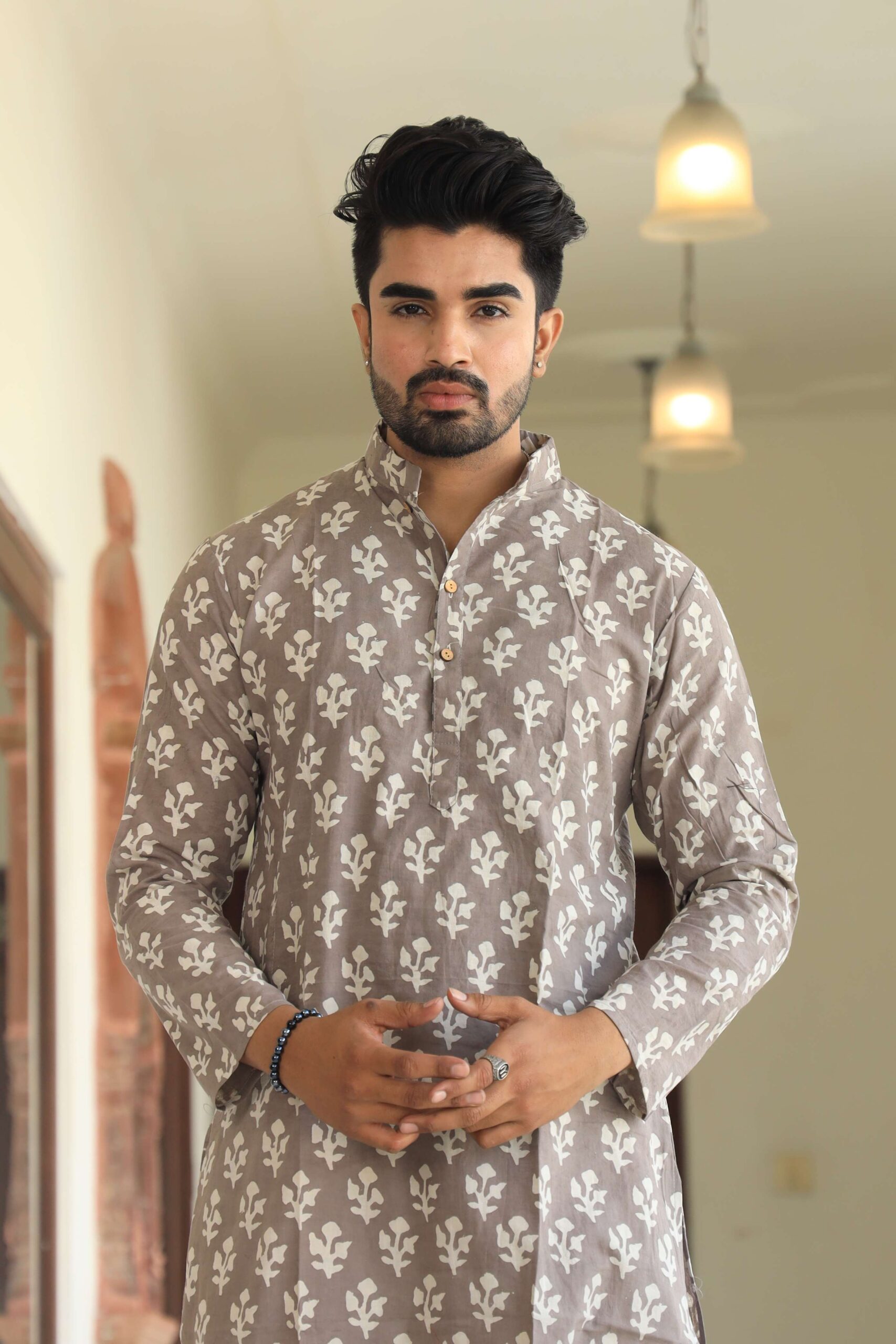 Mens Grey Printed Cotton Kurta with White Pajama ? Traditional Ethnic Wear for Festive & Wedding - Image 5