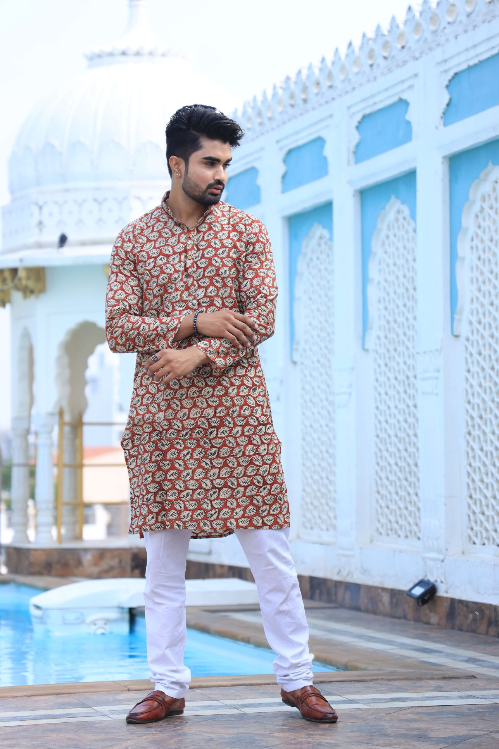 Mens Beige Printed Cotton Kurta with White Pajama ? Traditional Ethnic Wear for Festive & Wedding