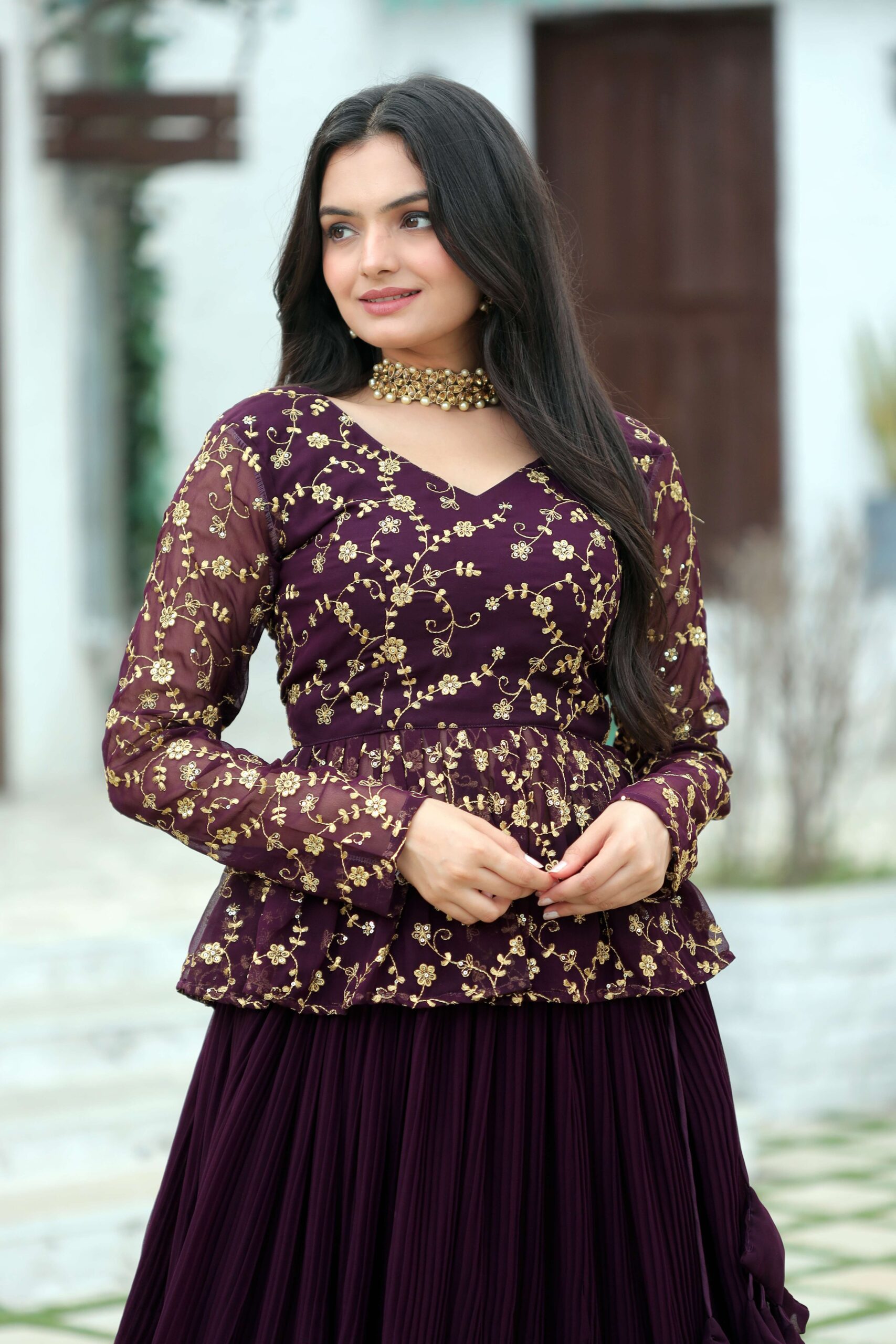 Premium Faux Blooming Crush Pleated Lehenga with Embroidered Sequins Blouse - Image 4