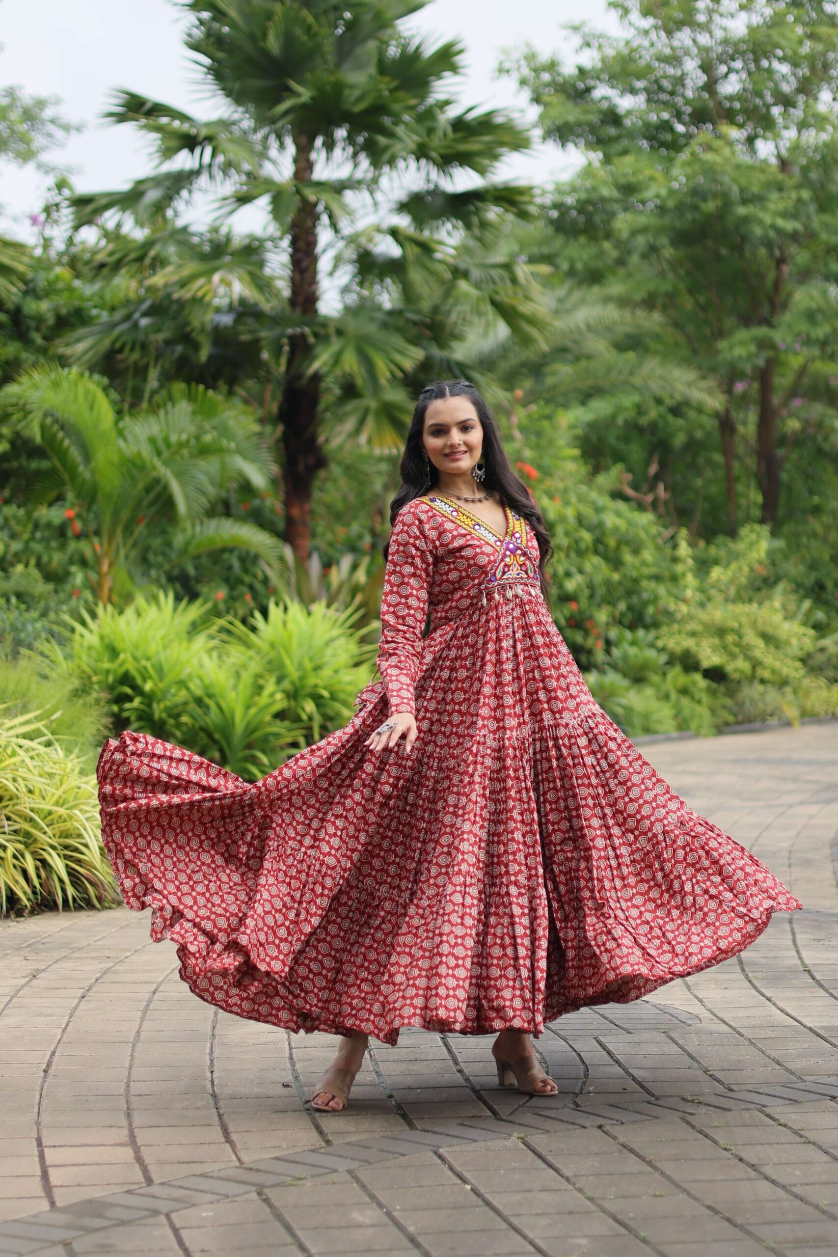 Maroon Designer Printed Cotton Gown with Kutchi Gamthi Lace & Kodi Work - Image 3