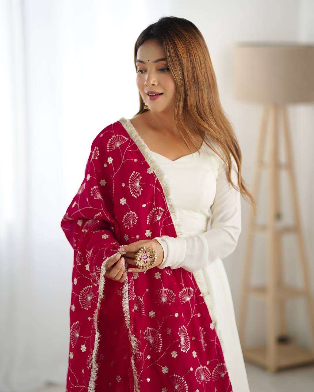 Womens Pure Romansilk Chanderi Plain Anarkali Kurti With Dupatta & Pant Set - Image 8