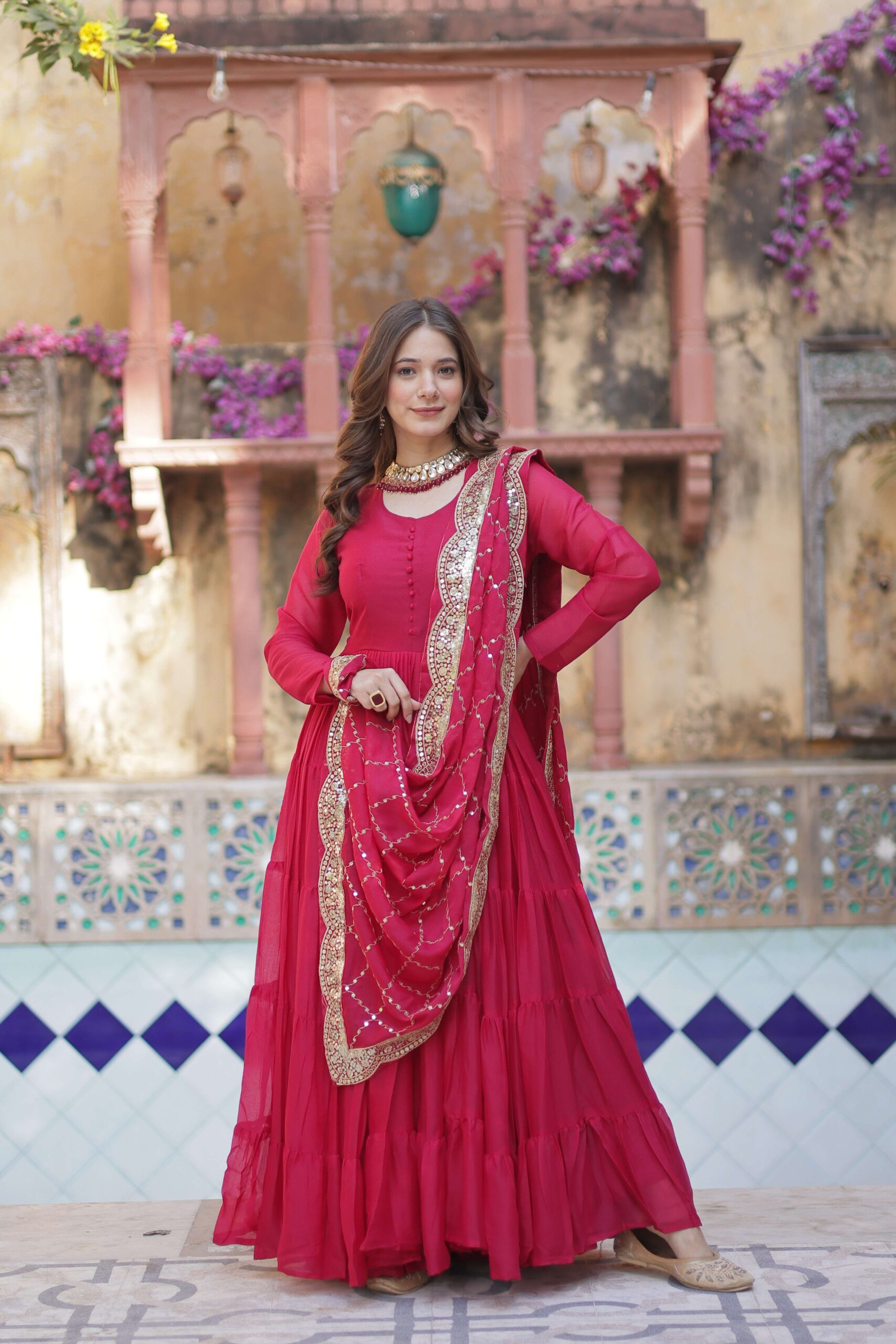 Pink Star Georgette Fully Flared Gown with Sequins Embroidered Dupatta - Image 5