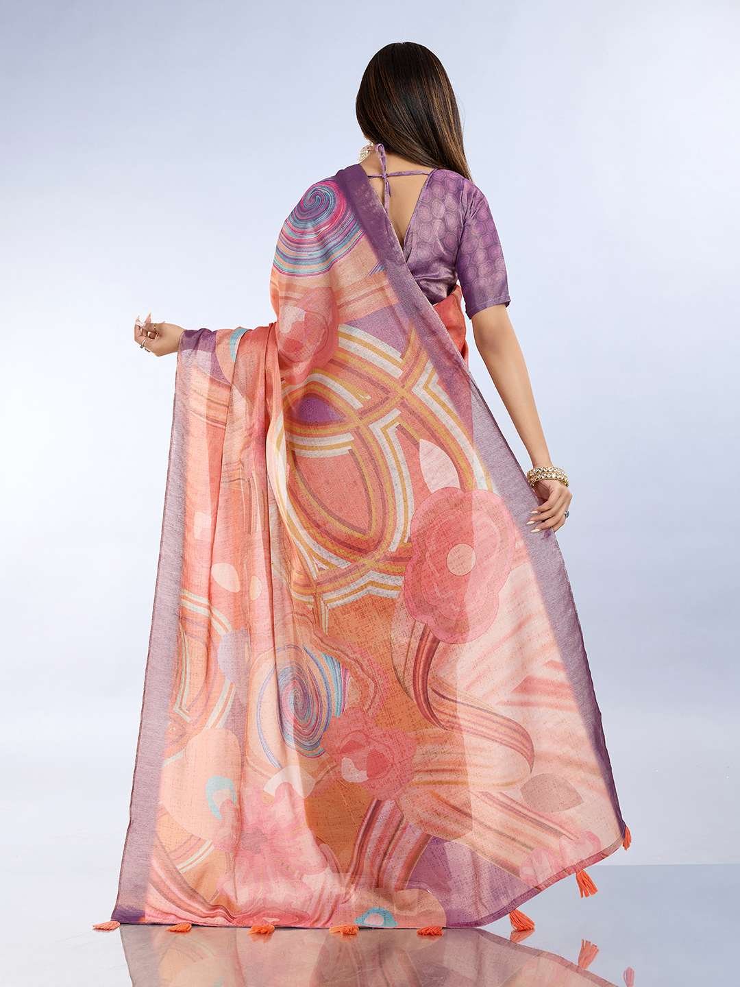 Elegant Teal Green and Mauve Pink Linen Saree with Geometric and Floral Prints - Image 6