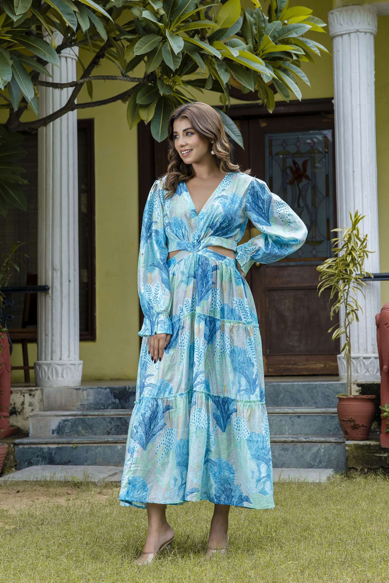 Women's Silk Printed V-Neck Long Bell Sleeves Tiered Maxi Dress Gown - Image 5