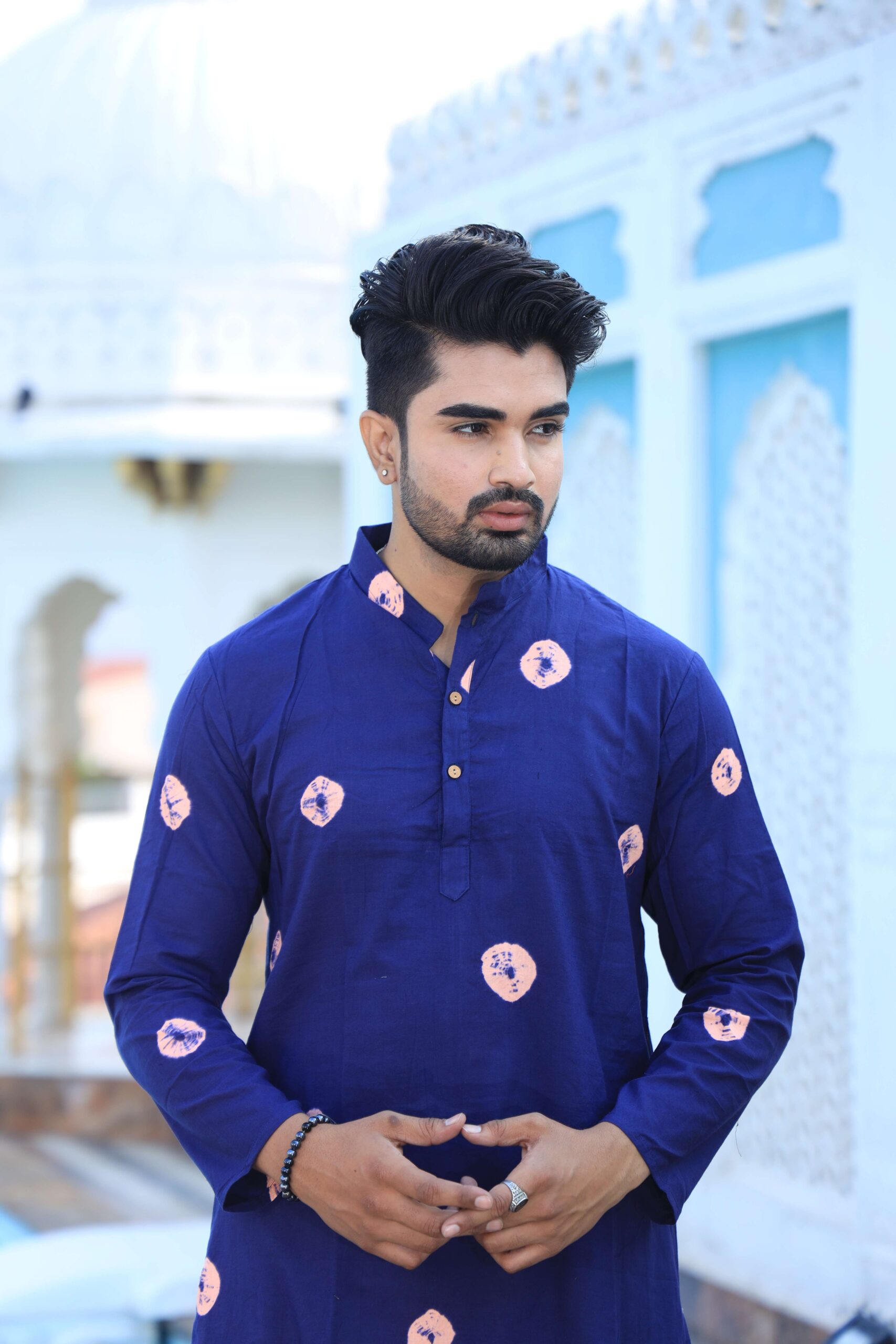 Mens Navy Blue Printed Cotton Kurta with White Pajama ? Traditional Ethnic Wear for Festive & Wedding - Image 4