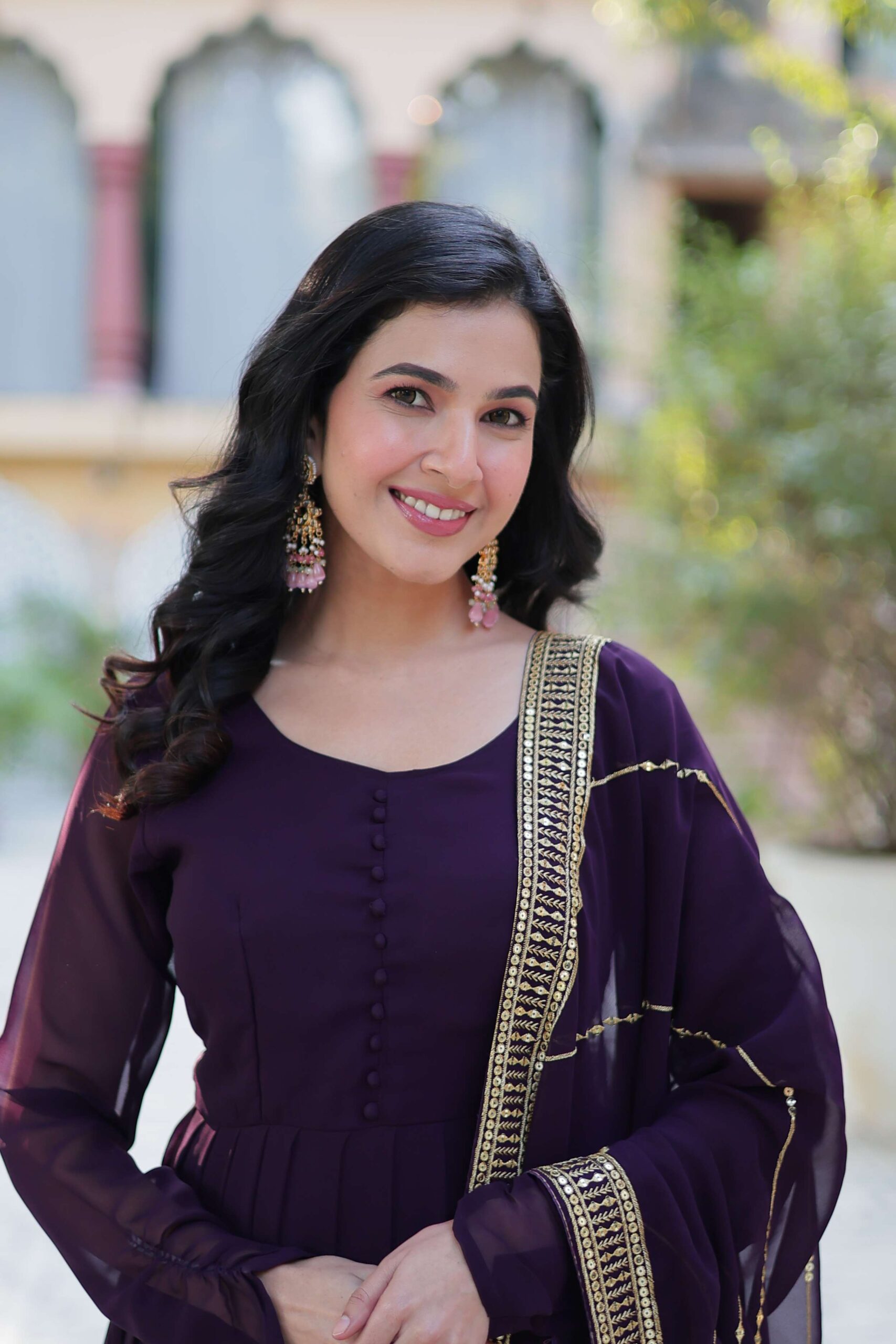 Wine Faux Blooming Gown with Multi-Sequins Embroidered Dupatta - Image 6