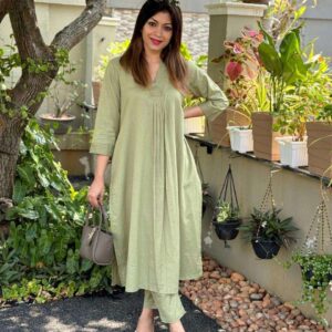 Women's Cotton Plain Coard set A-Line Straight Kurti With Pant