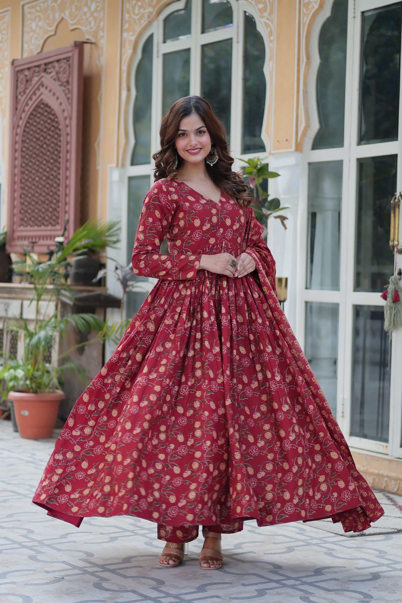 Maroon Premium Cotton Gown with Pant & Dupatta Set - Image 6