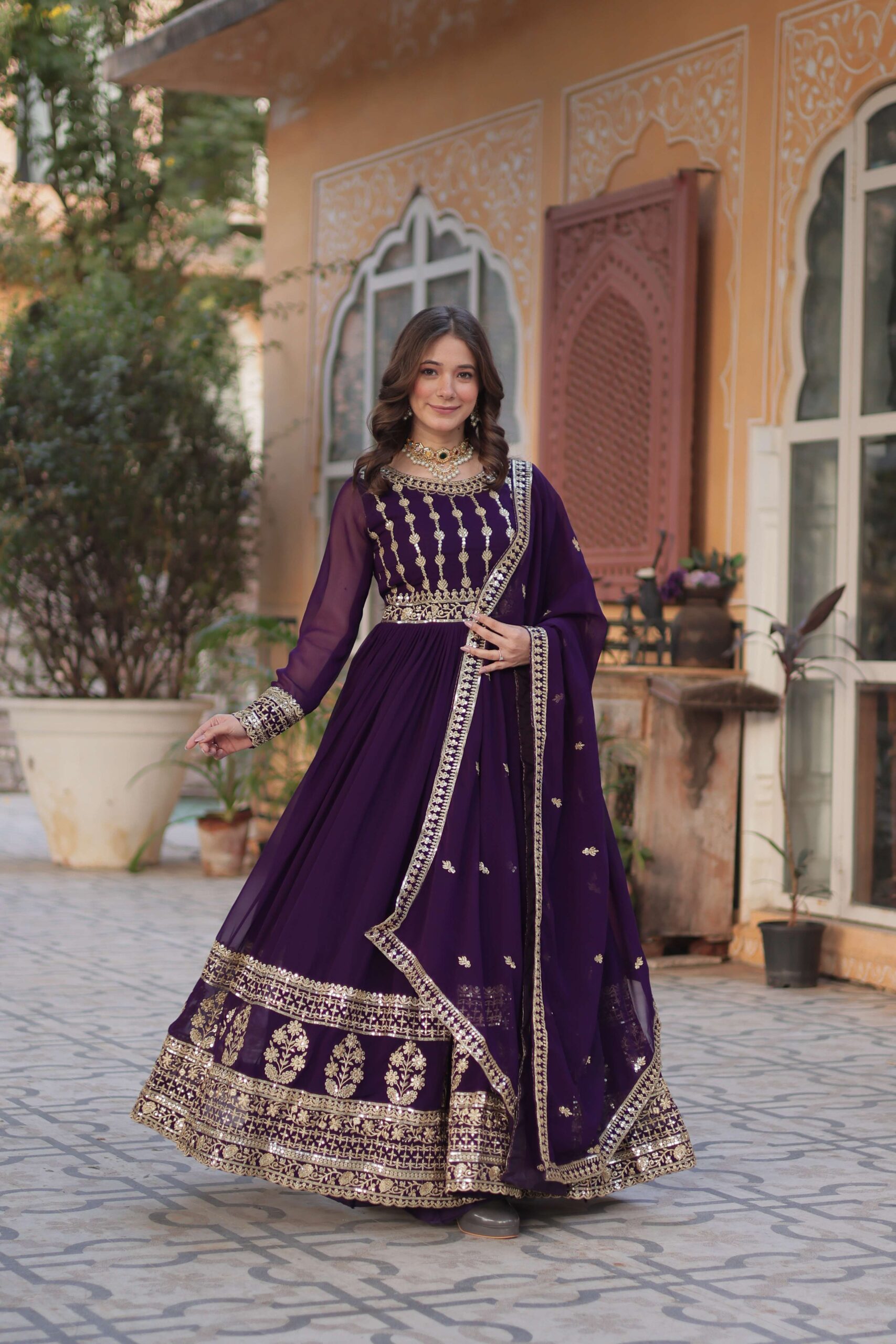 Purple Faux Blooming Gown with Zari & Sequins Embroidered Dupatta with Designer Lace Border