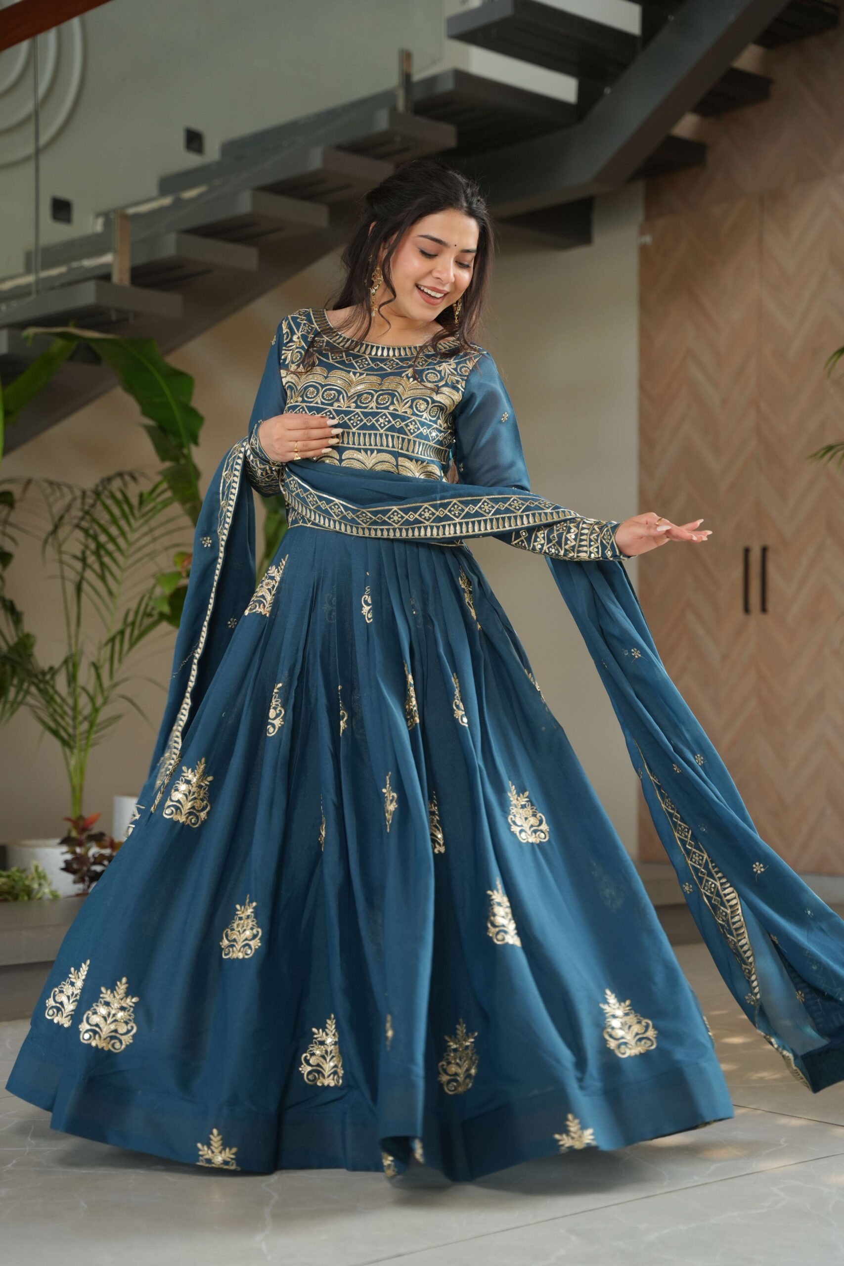 Rama Premium Chinnon Gown with Dupatta ? Sequins & Embroidery Work - Image 3