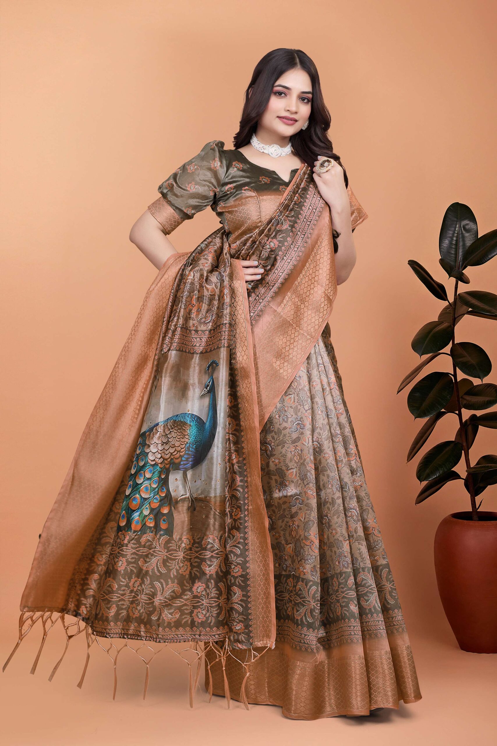 Bronze & Olive Green Soft Silk Saree with Majestic Peacock Pallu