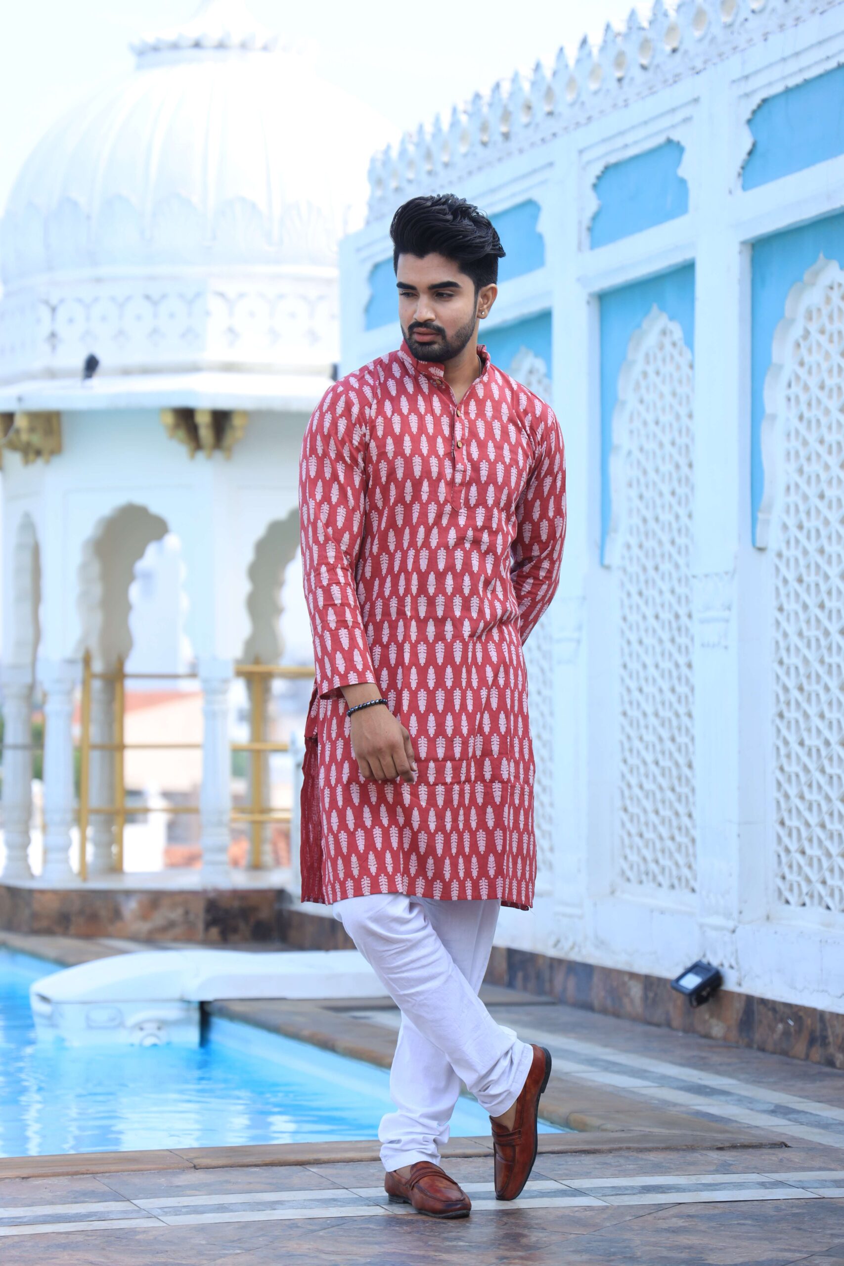 Mens Red Printed Cotton Kurta with White Pajama ? Traditional Ethnic Wear for Festive & Wedding