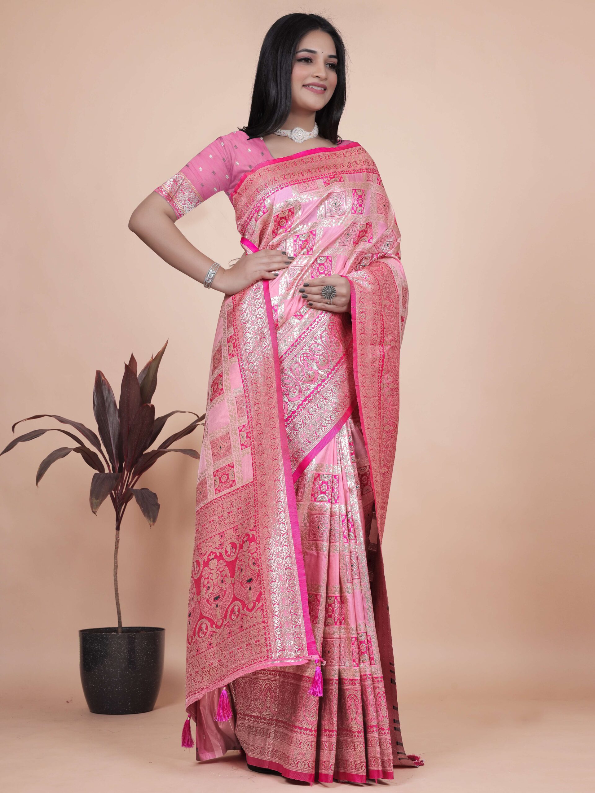 Baby Pink Banarasi Silk Saree with Silver Zari Weaving | Wedding & Festive Wear | Elegant Traditional Designer Saree - Image 4