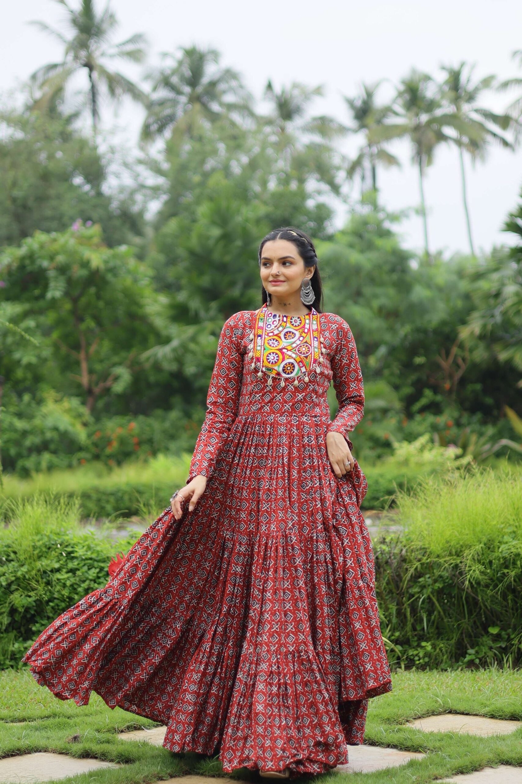 Maroon Designer Printed Cotton Gown with Kutchi Gamthi Lace & Kodi Work ? Maroon - Image 2
