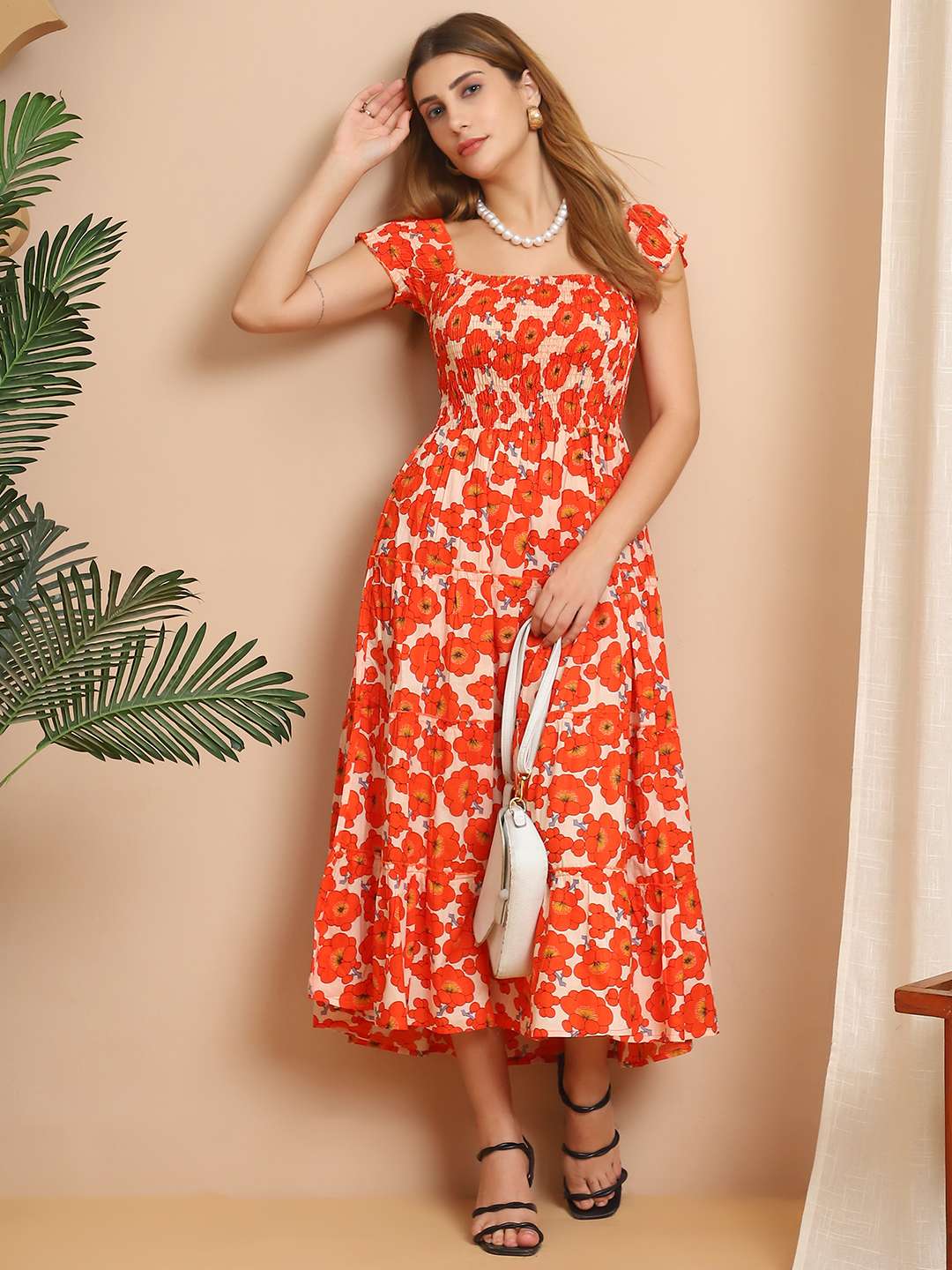 Women's Viscos Rayon Printed Off Shoulder Midi Dress For Summer And Casual Wear (Orange Floral) - Image 3