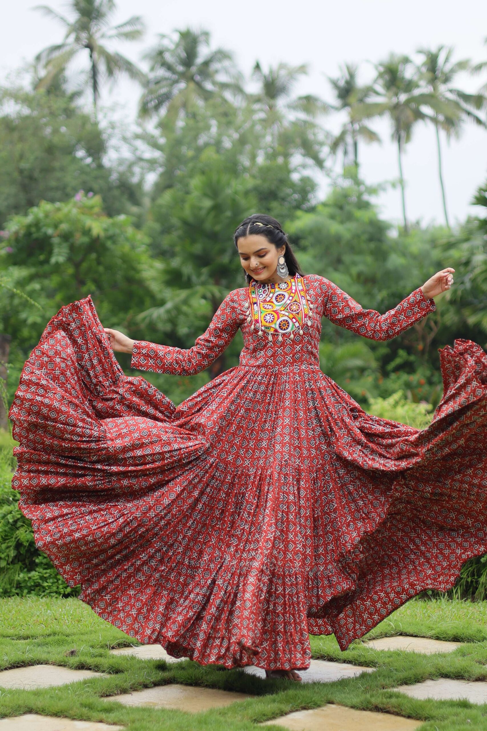 Maroon Designer Printed Cotton Gown with Kutchi Gamthi Lace & Kodi Work ? Maroon - Image 4