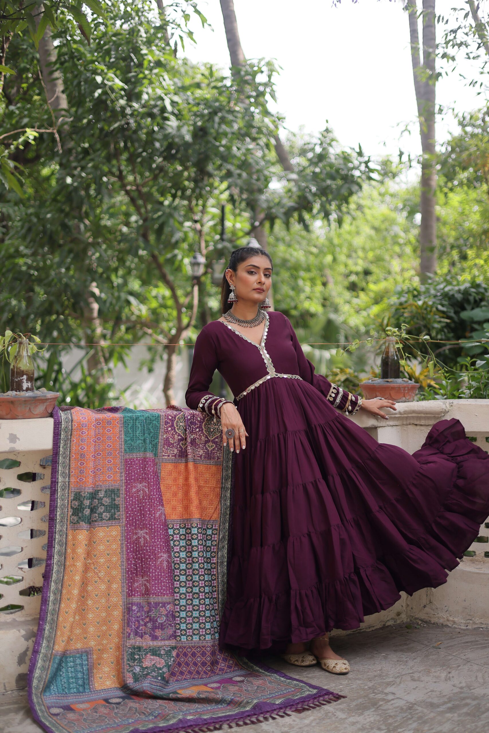 Wine Gown with Dupatta ? Frill Stitching & Mirror Lace Work Ethnic Set for Women - Image 8