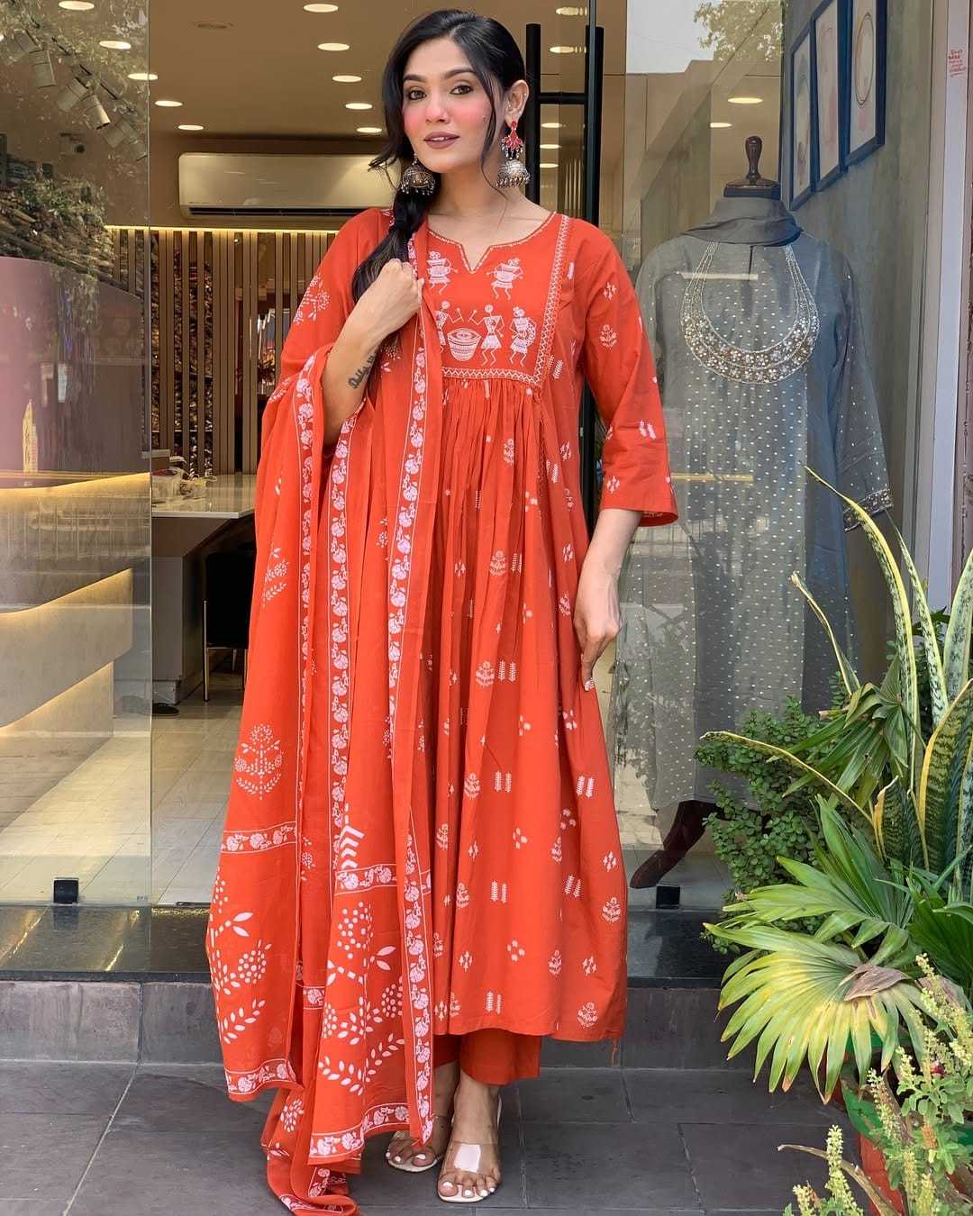 Women's Contton Floral Embroidered Round Neck Regular Kurti Pant Dupatta Set - Image 3