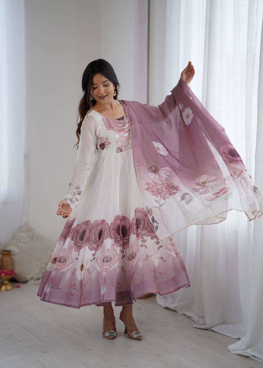Womens Pure Romansilk Chanderi Floral Printed Anarkali Kurti With Dupatta & Pant Set - Image 7