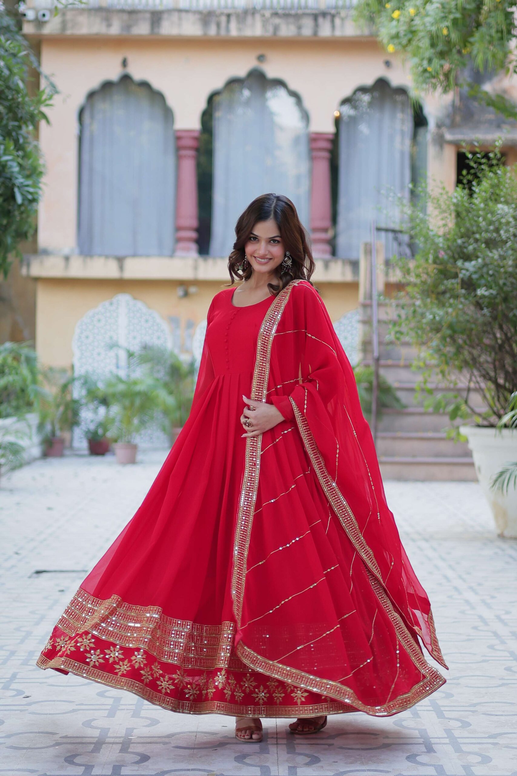 Red Faux Blooming Gown with Multi-Sequins Embroidered Dupatta - Image 6