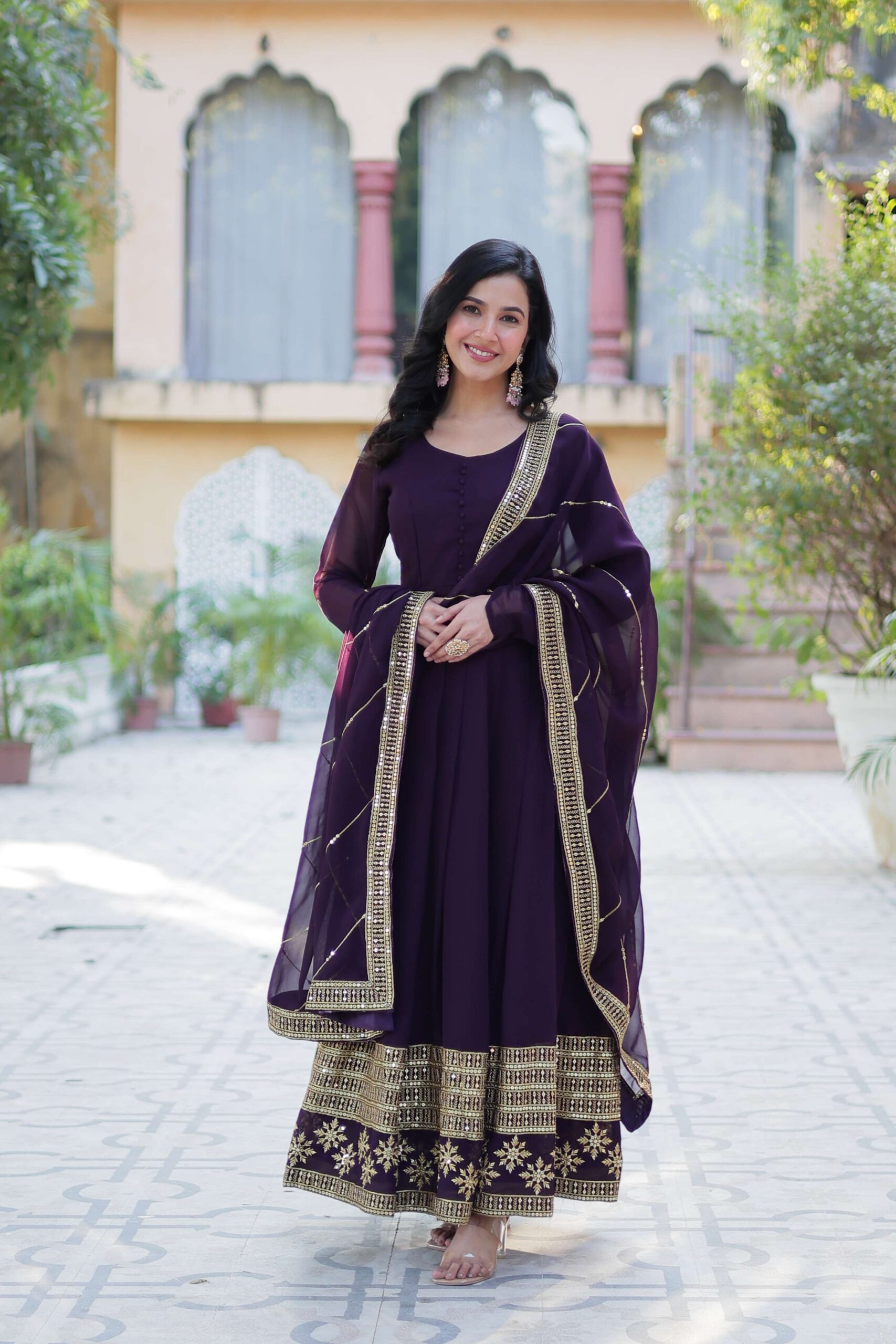 Wine Faux Blooming Gown with Multi-Sequins Embroidered Dupatta - Image 2