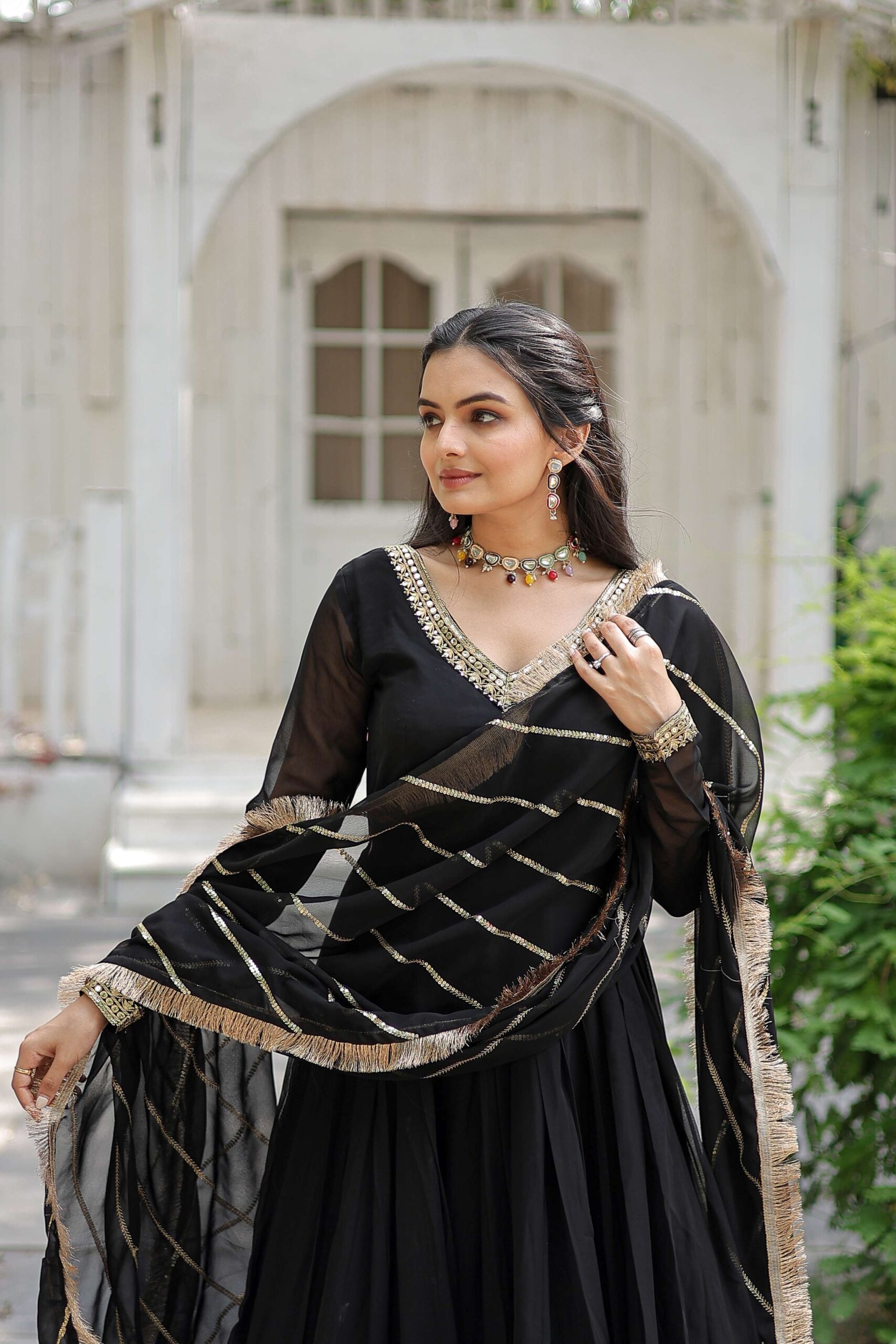 Black Faux Blooming Designer Gown with Sequined Dupatta & Lace Border ? Premium Ready-to-Wear Set - Image 3