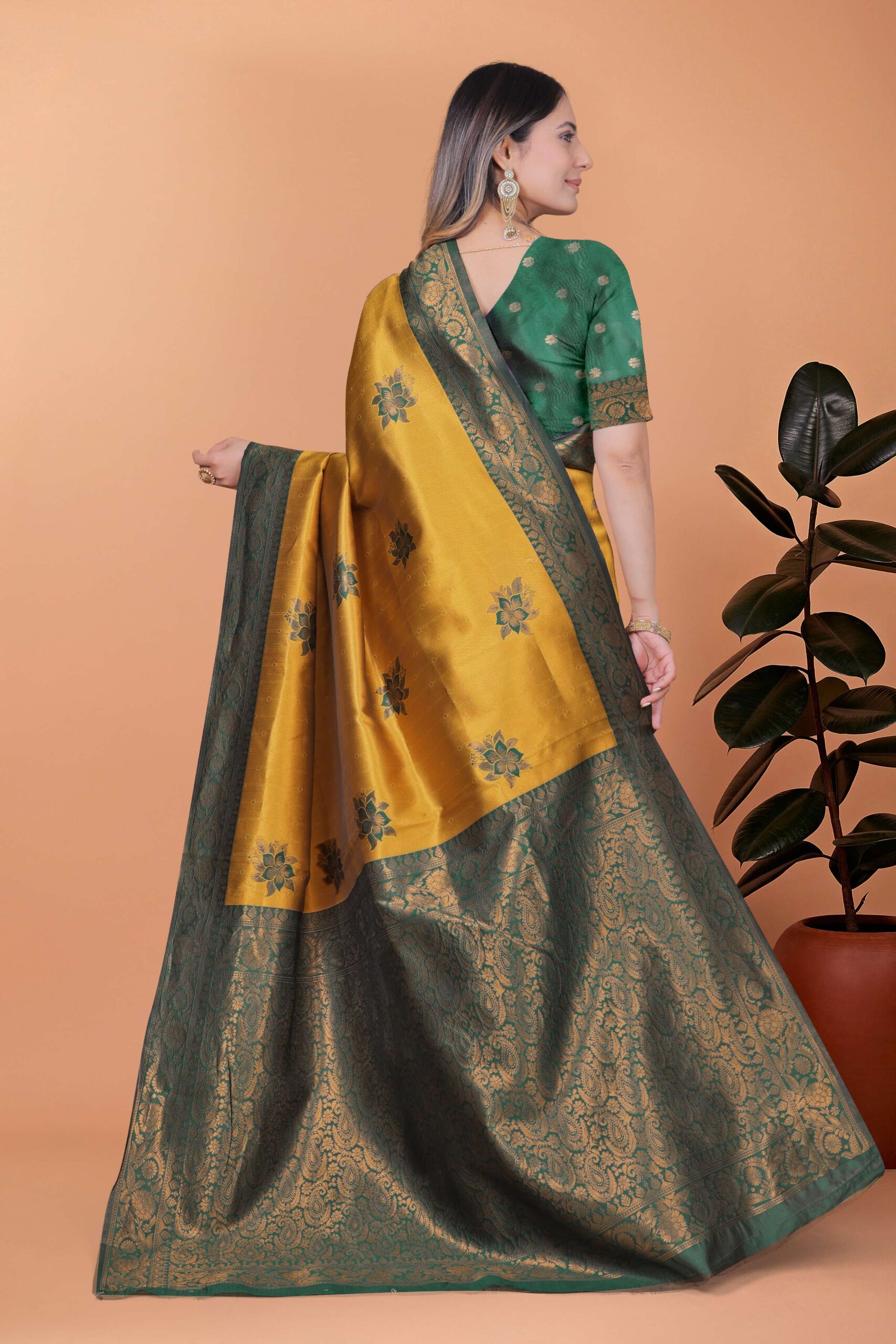 Golden Mustard Banarasi Silk Saree with Bottle Green Floral Accents & Blouse | Wedding, Haldi, Festive & Party Wear - Image 4