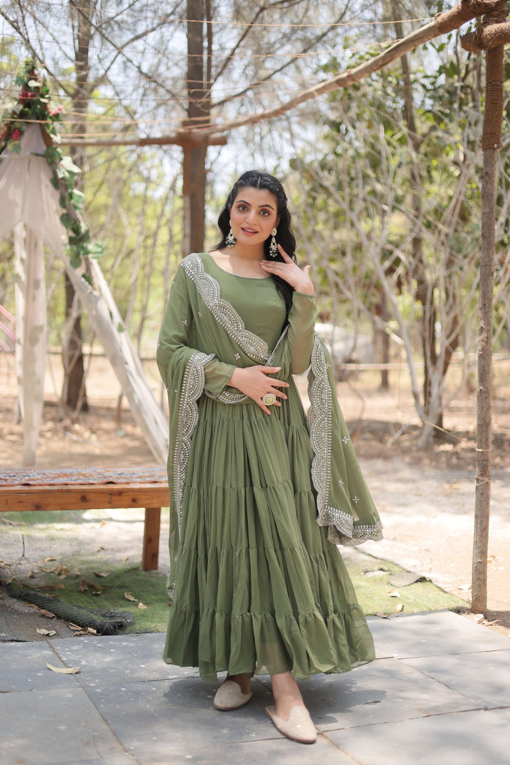 Mehandi Premium Faux Georgette Designer Gown with Sequined Dupatta ? Fully Flaired Ready-to-Wear Set - Image 2