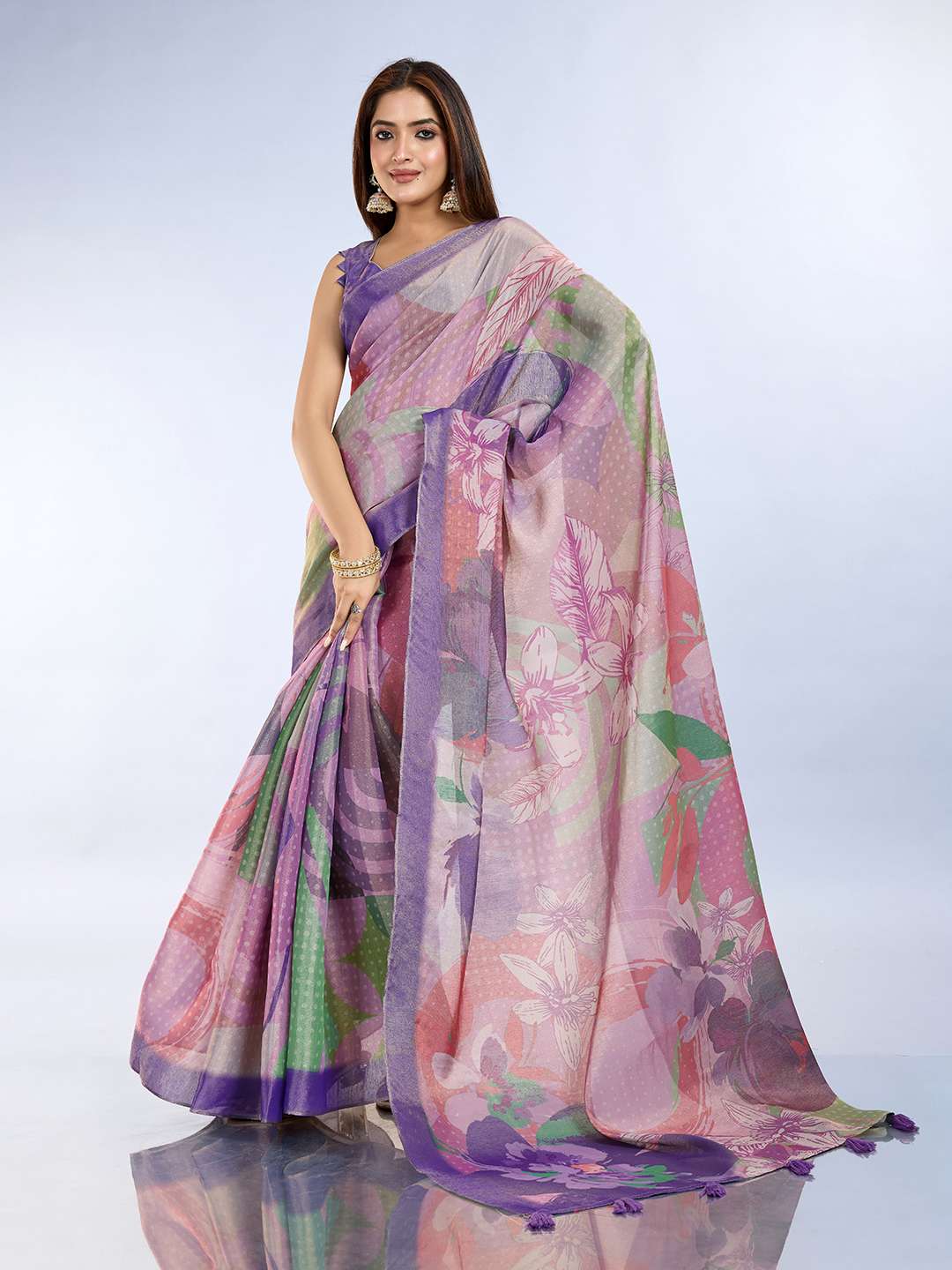 Elegant Teal Green and Mauve Pink Linen Saree with Geometric and Floral Prints - Image 6