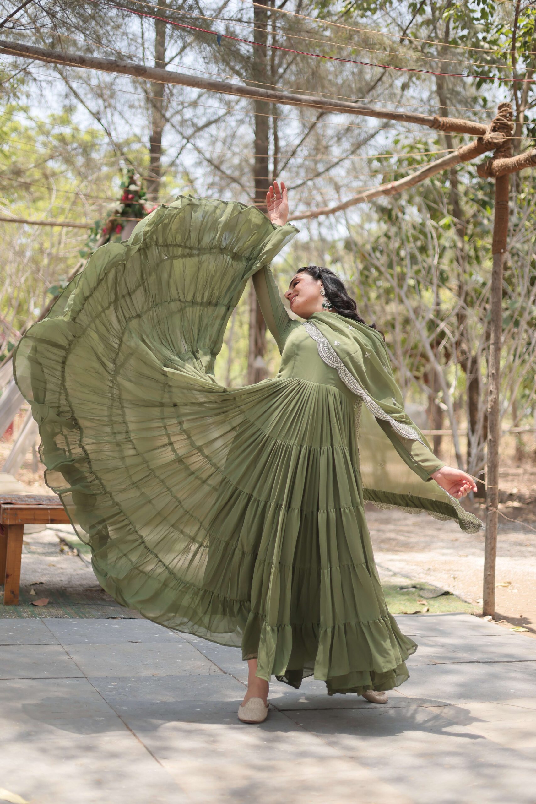 Mehandi Premium Faux Georgette Designer Gown with Sequined Dupatta ? Fully Flaired Ready-to-Wear Set - Image 7