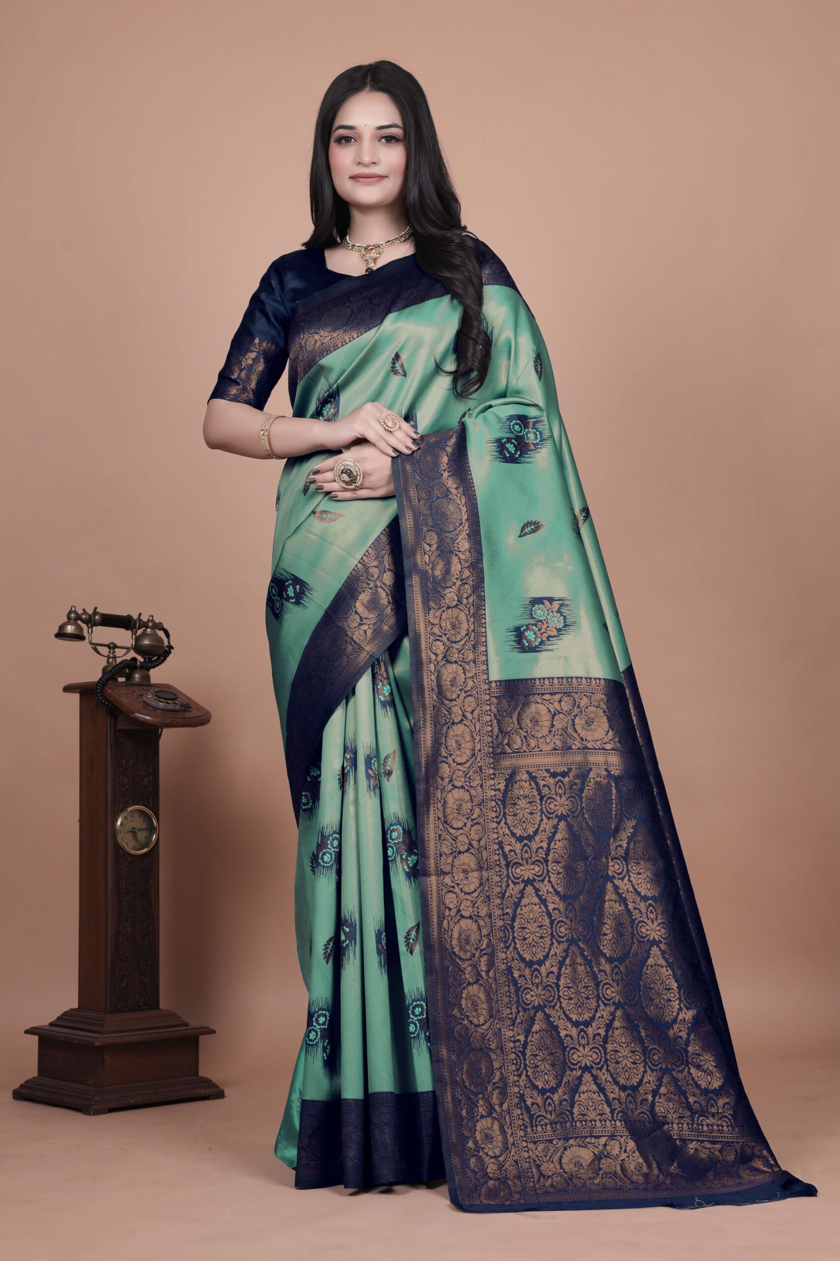 Sea Green & Navy Blue Banarasi Silk Saree with Gold Zari Embellishment | Floral Buta Motifs | Wedding & Festive Wear