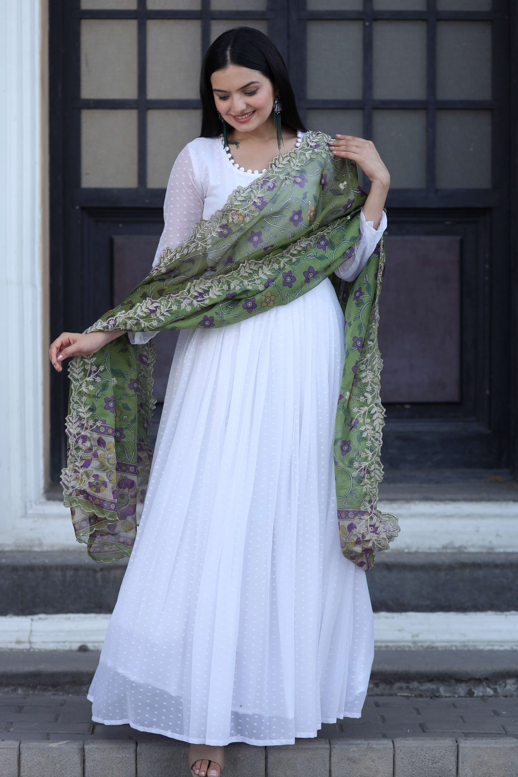 Elegant Green Georgette Gown with Organza Dupatta ? Designer Kalamkari & Leheriya Print Ensemble - Image 3
