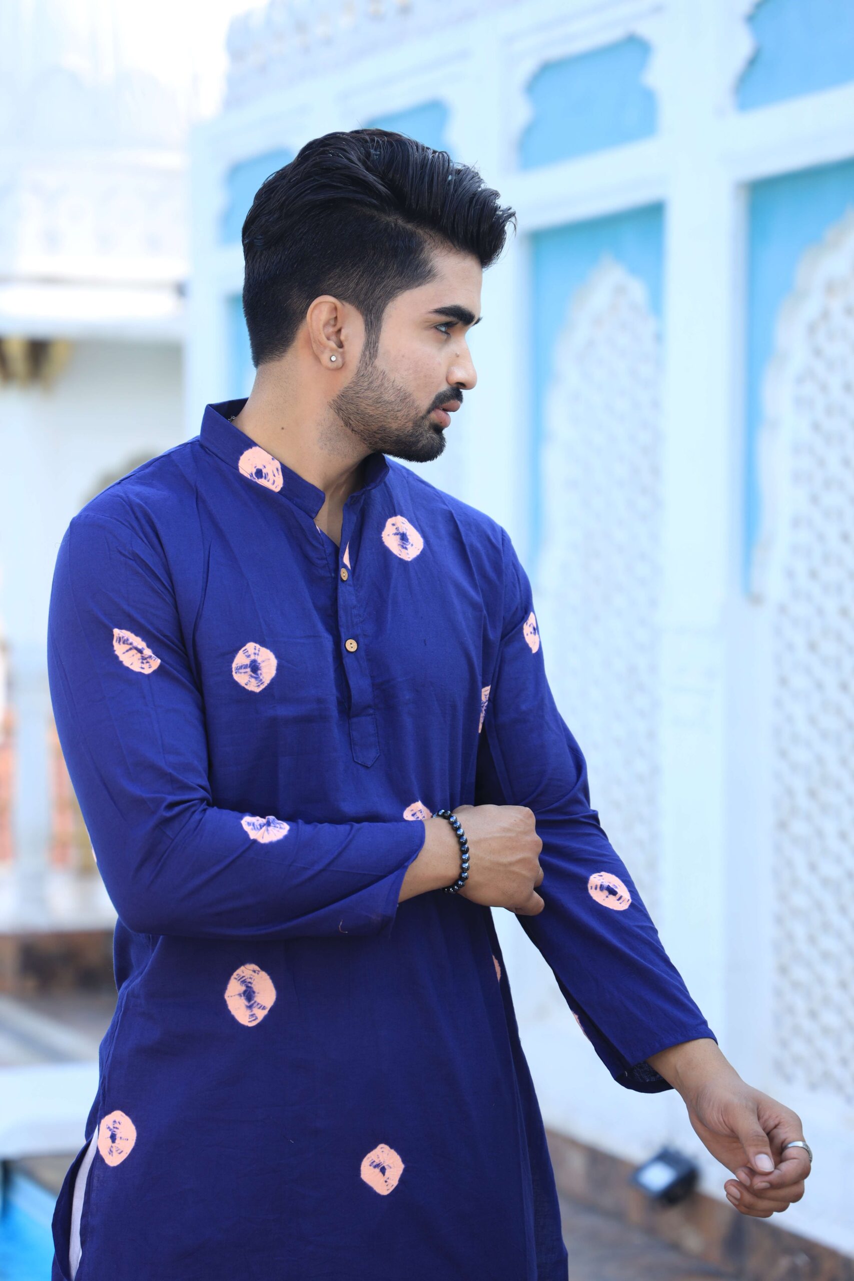 Mens Navy Blue Printed Cotton Kurta with White Pajama ? Traditional Ethnic Wear for Festive & Wedding - Image 5