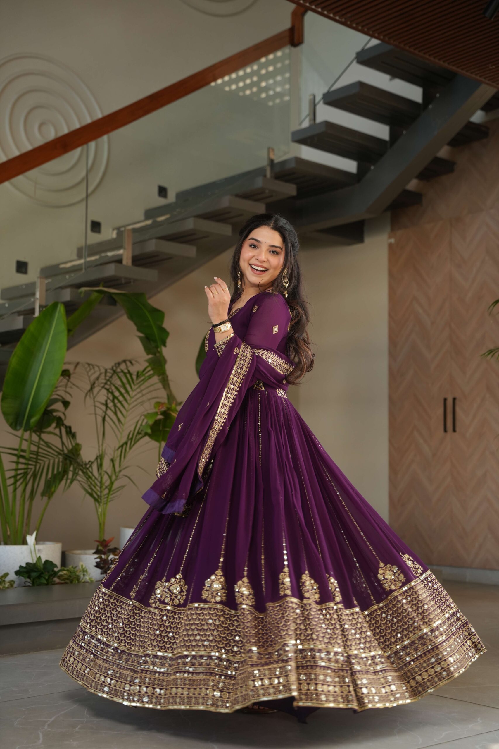 Wine Premium Faux Blooming Designer Gown with Dupatta ? Zari & Sequins Embroidery for Elegant Ethnic Wear - Image 6