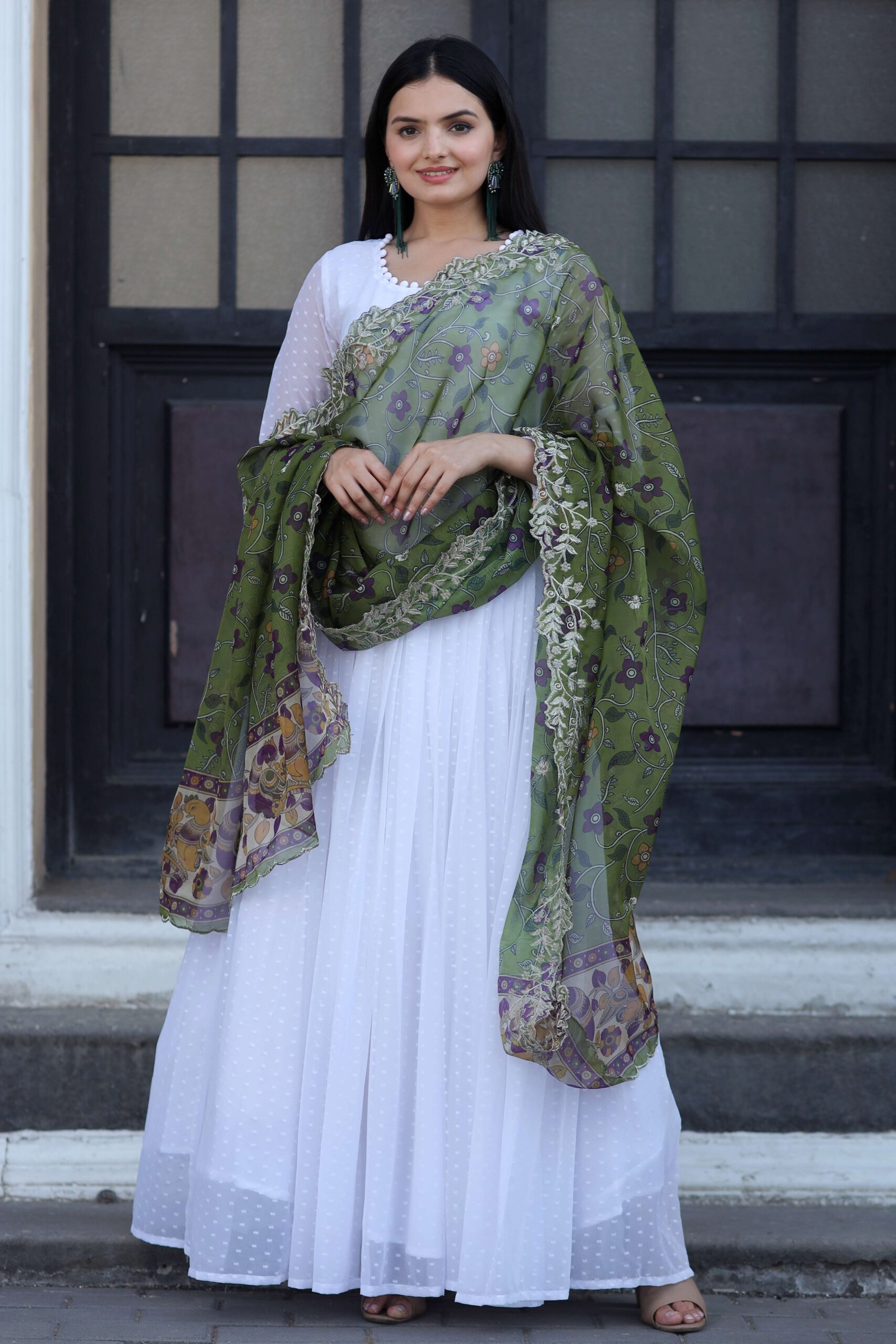 Elegant Green Georgette Gown with Organza Dupatta ? Designer Kalamkari & Leheriya Print Ensemble - Image 2