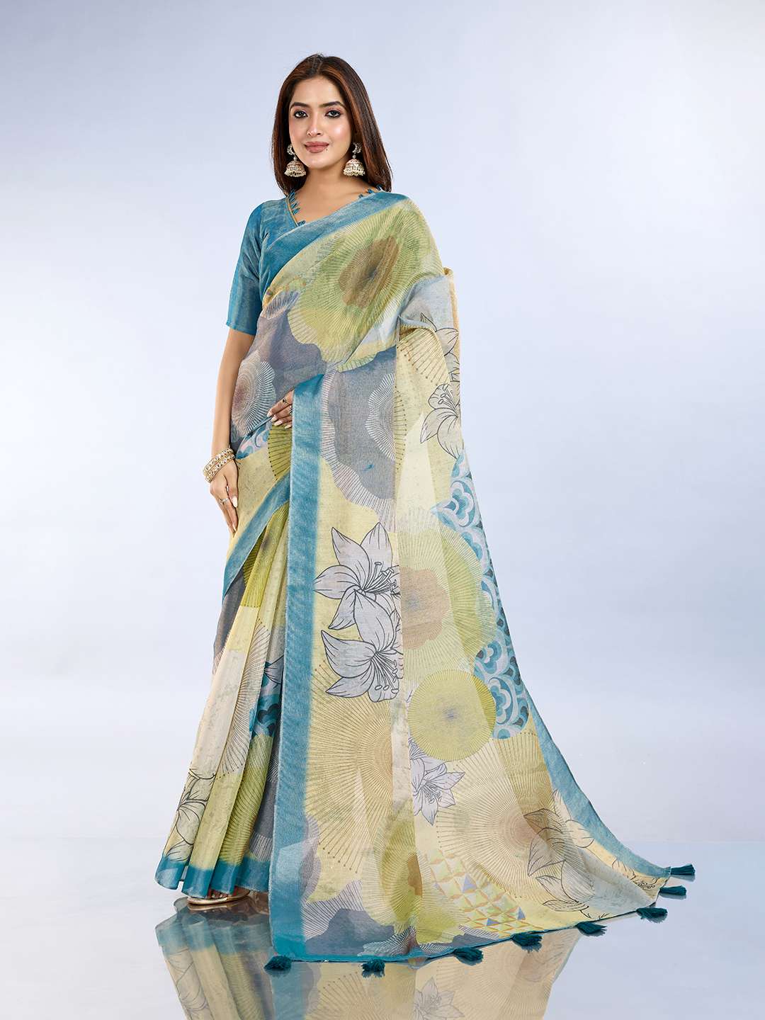 Elegant Teal Green and Mauve Pink Linen Saree with Geometric and Floral Prints - Image 4