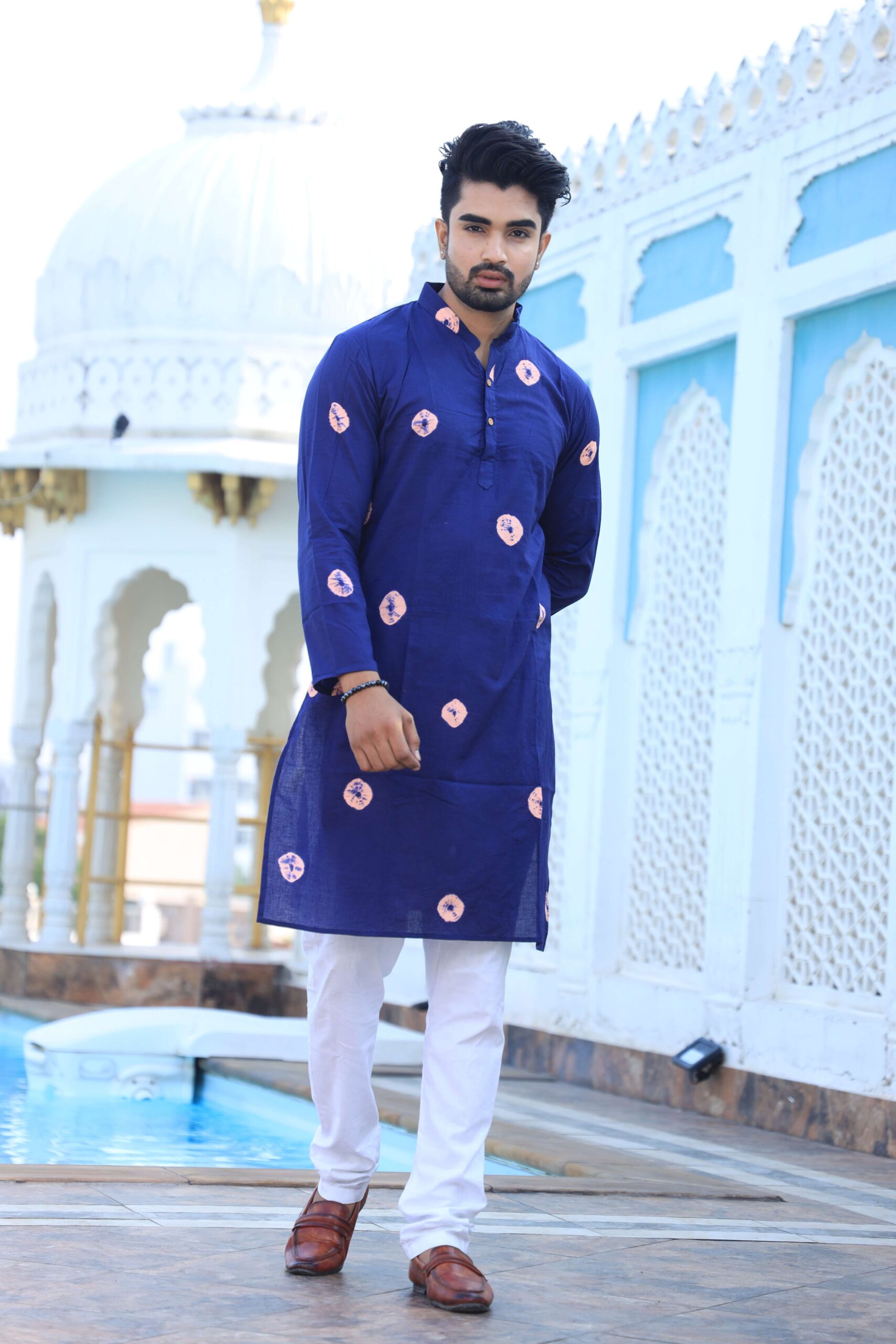 Mens Navy Blue Printed Cotton Kurta with White Pajama ? Traditional Ethnic Wear for Festive & Wedding - Image 3