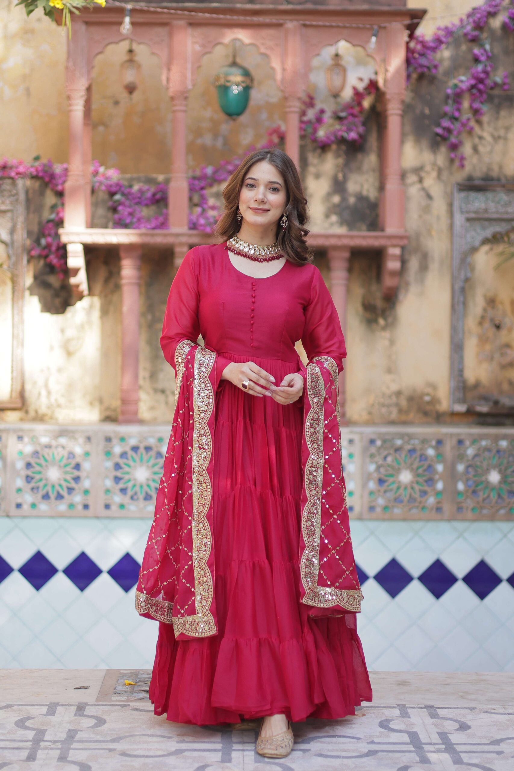 Pink Star Georgette Fully Flared Gown with Sequins Embroidered Dupatta - Image 6