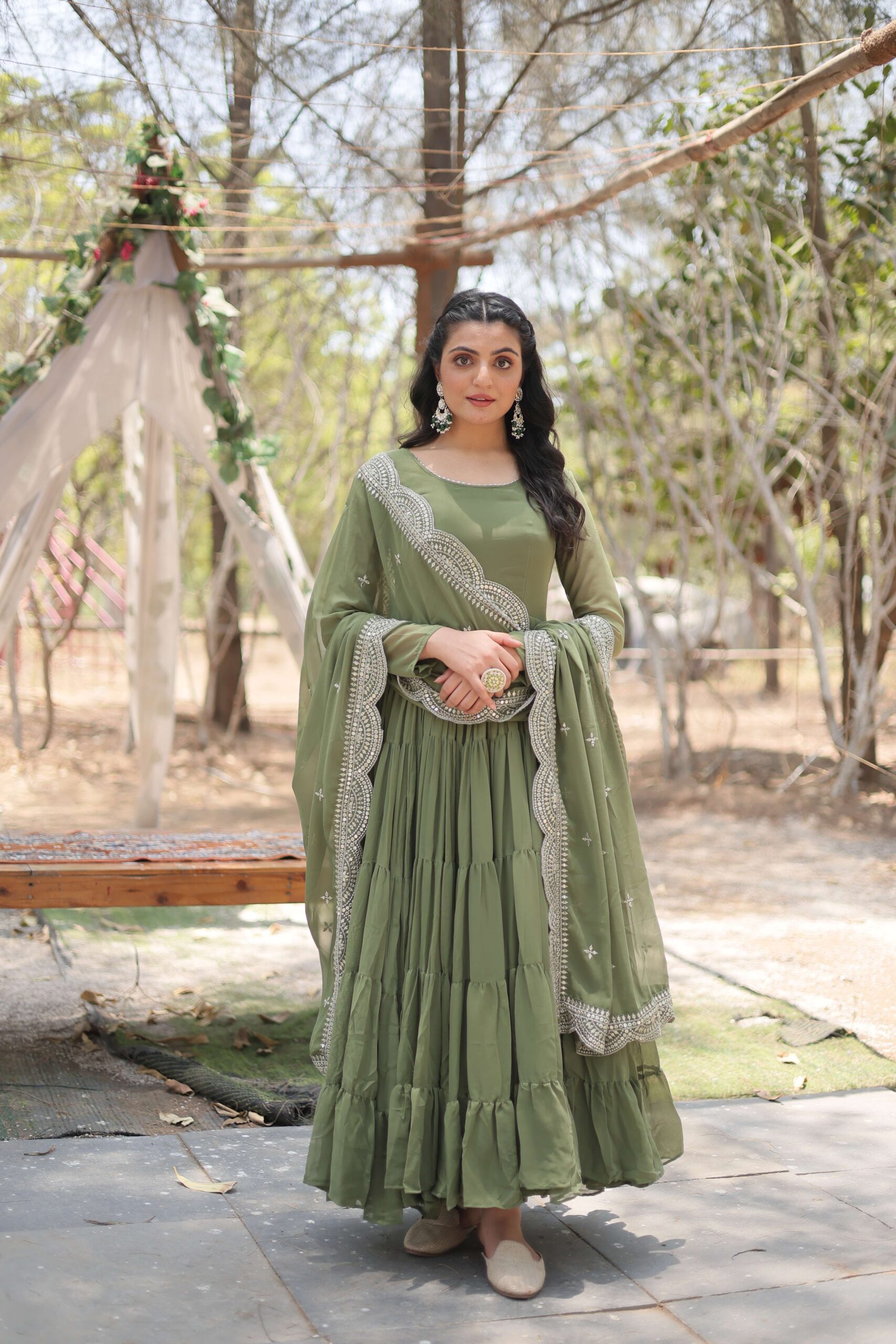Mehandi Premium Faux Georgette Designer Gown with Sequined Dupatta ? Fully Flaired Ready-to-Wear Set