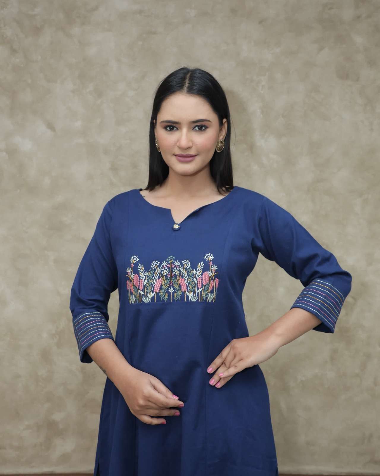 Women's Cotton Embroidered Straight Kurti With Pant Set - Image 2